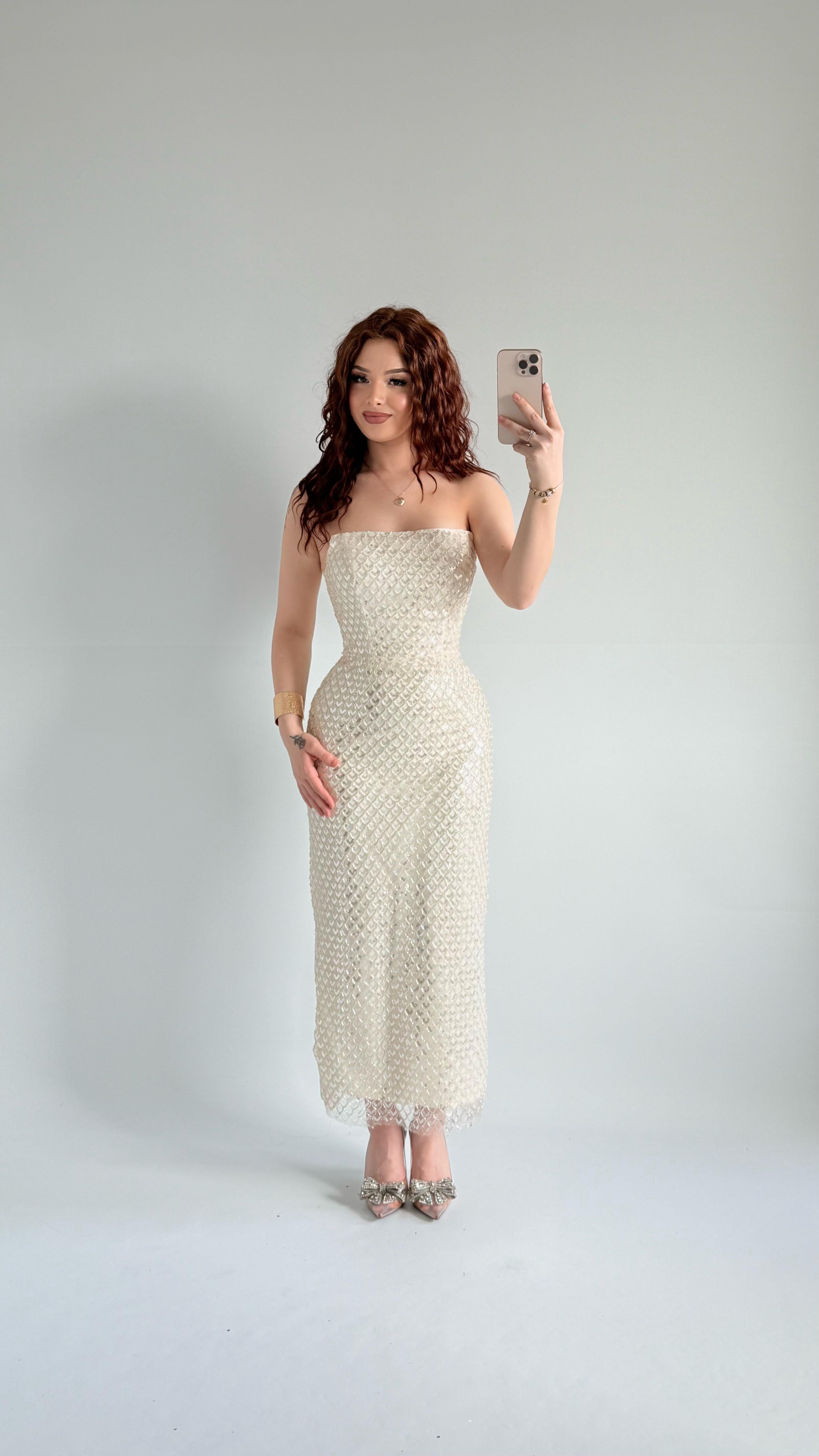 Mermaid Midi Straplez Abiye Ekru