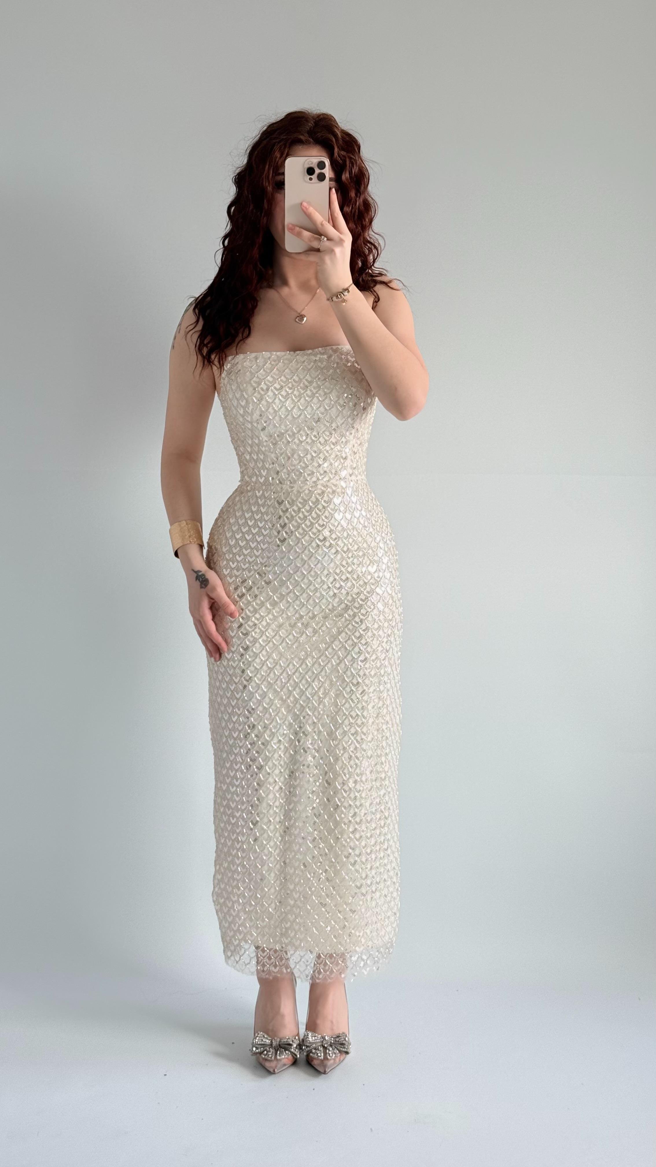 Mermaid Midi Straplez Abiye Ekru