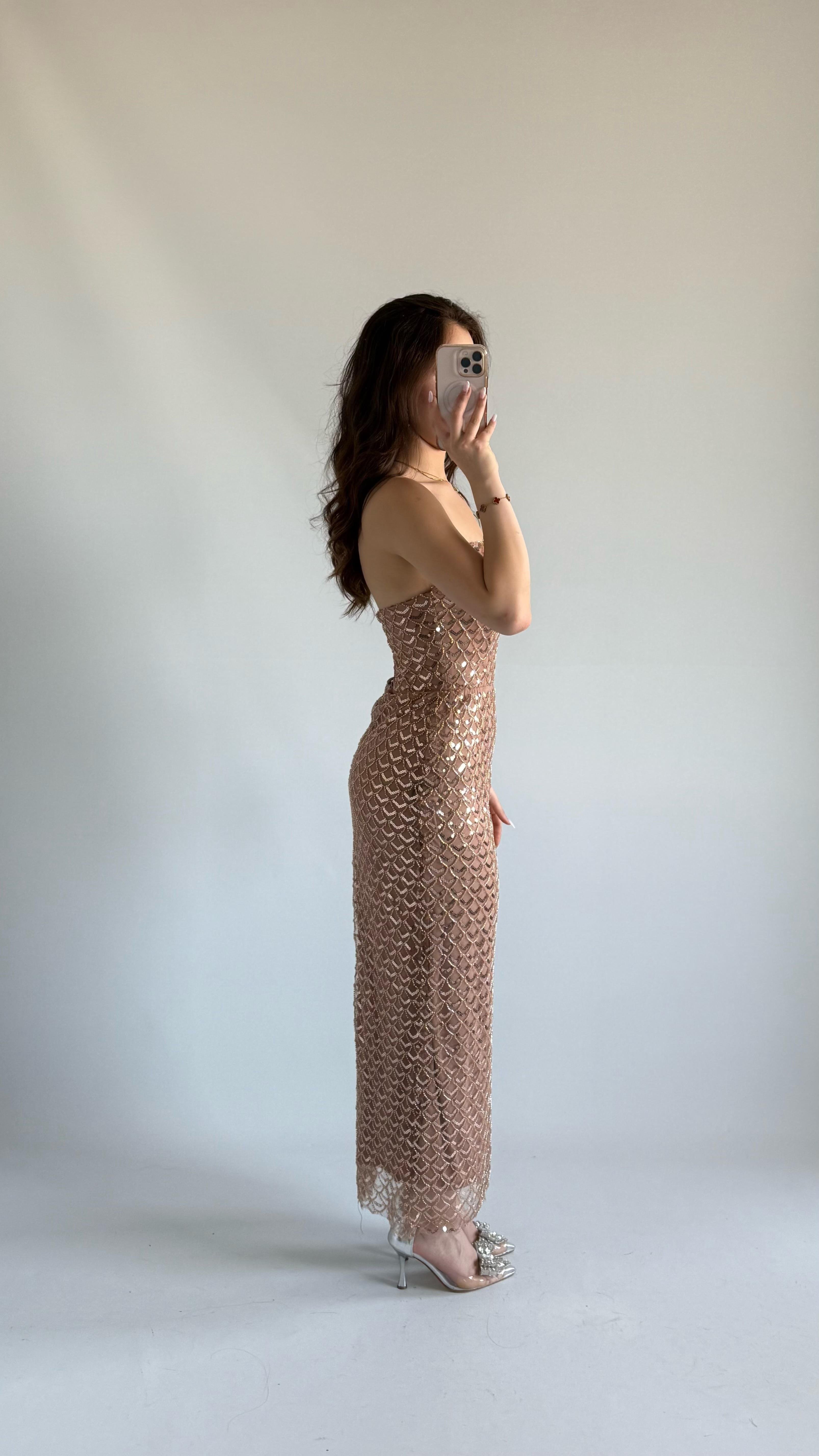 Mermaid Midi Straplez Abiye Gold
