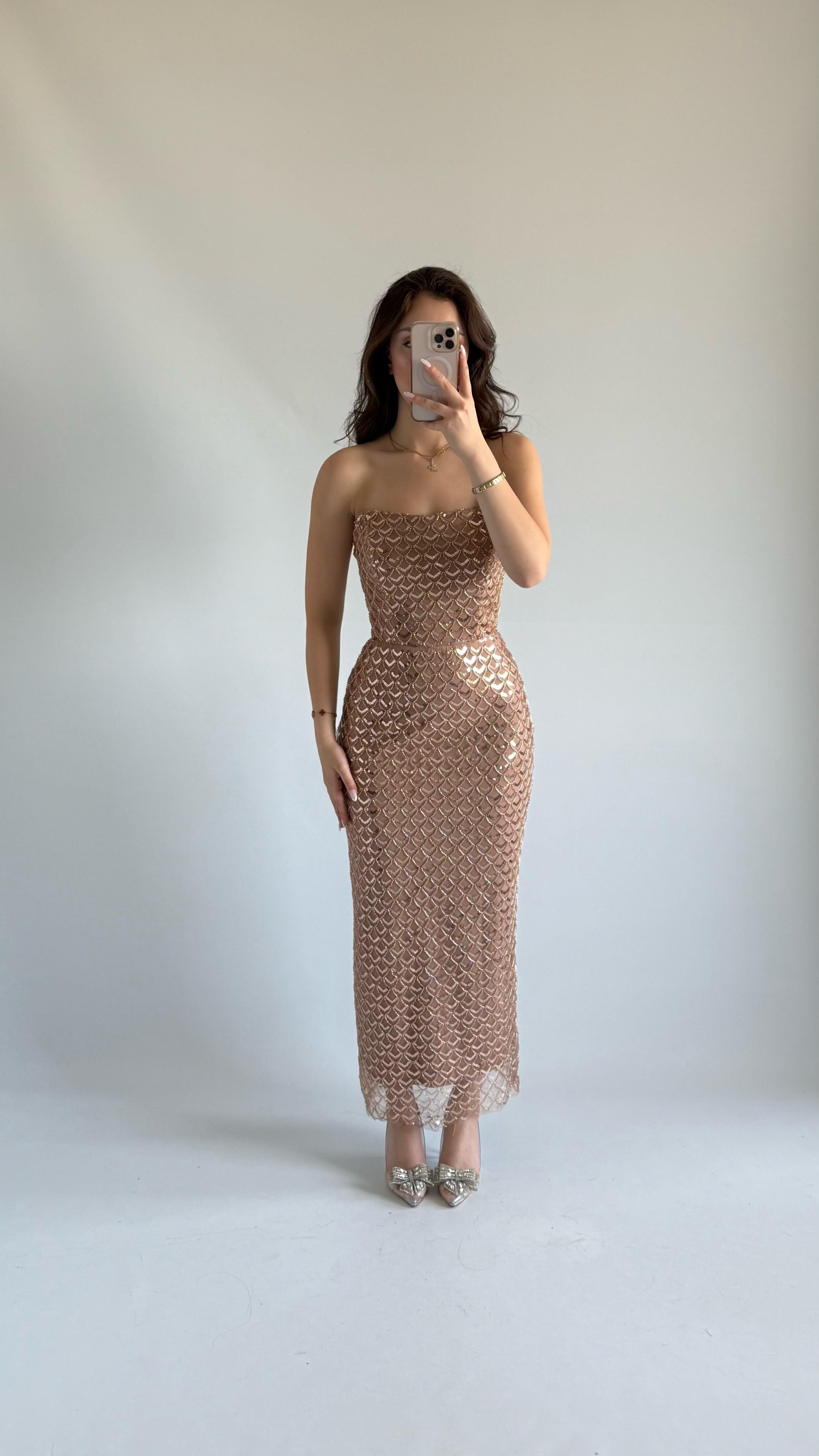 Mermaid Midi Straplez Abiye Gold