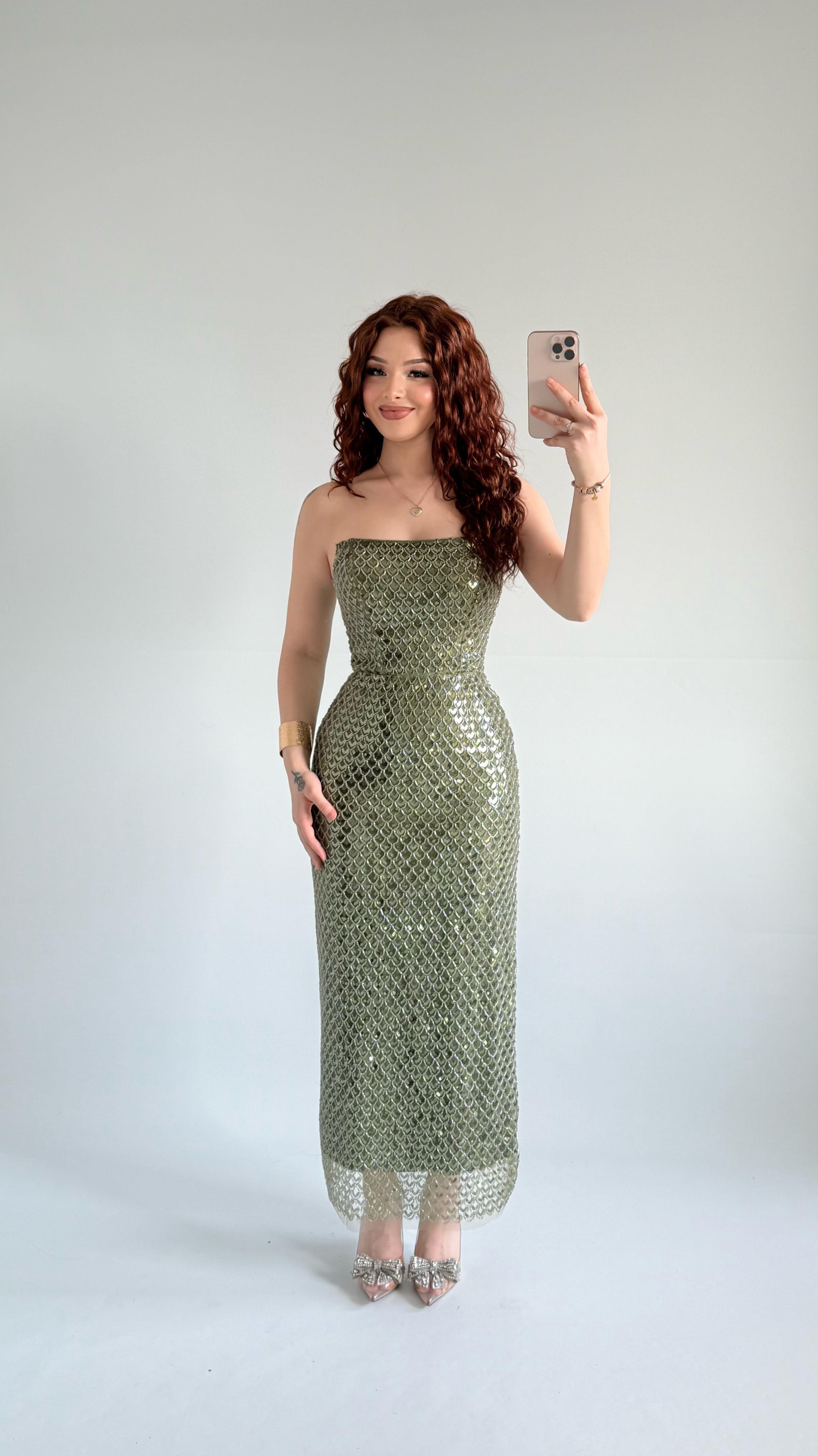 Mermaid Midi Straplez Abiye Haki Yeşil