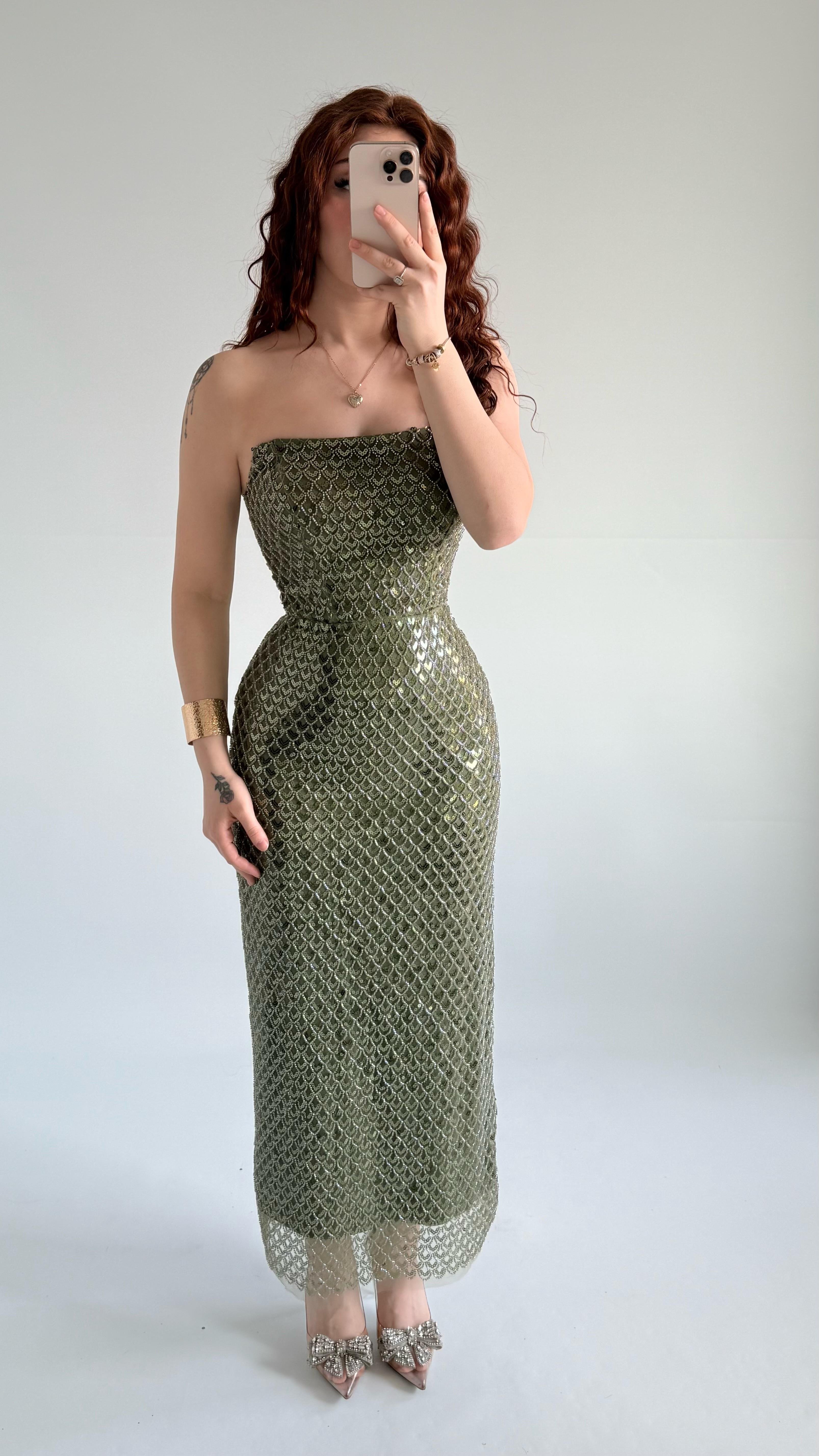 Mermaid Midi Straplez Abiye Haki Yeşil