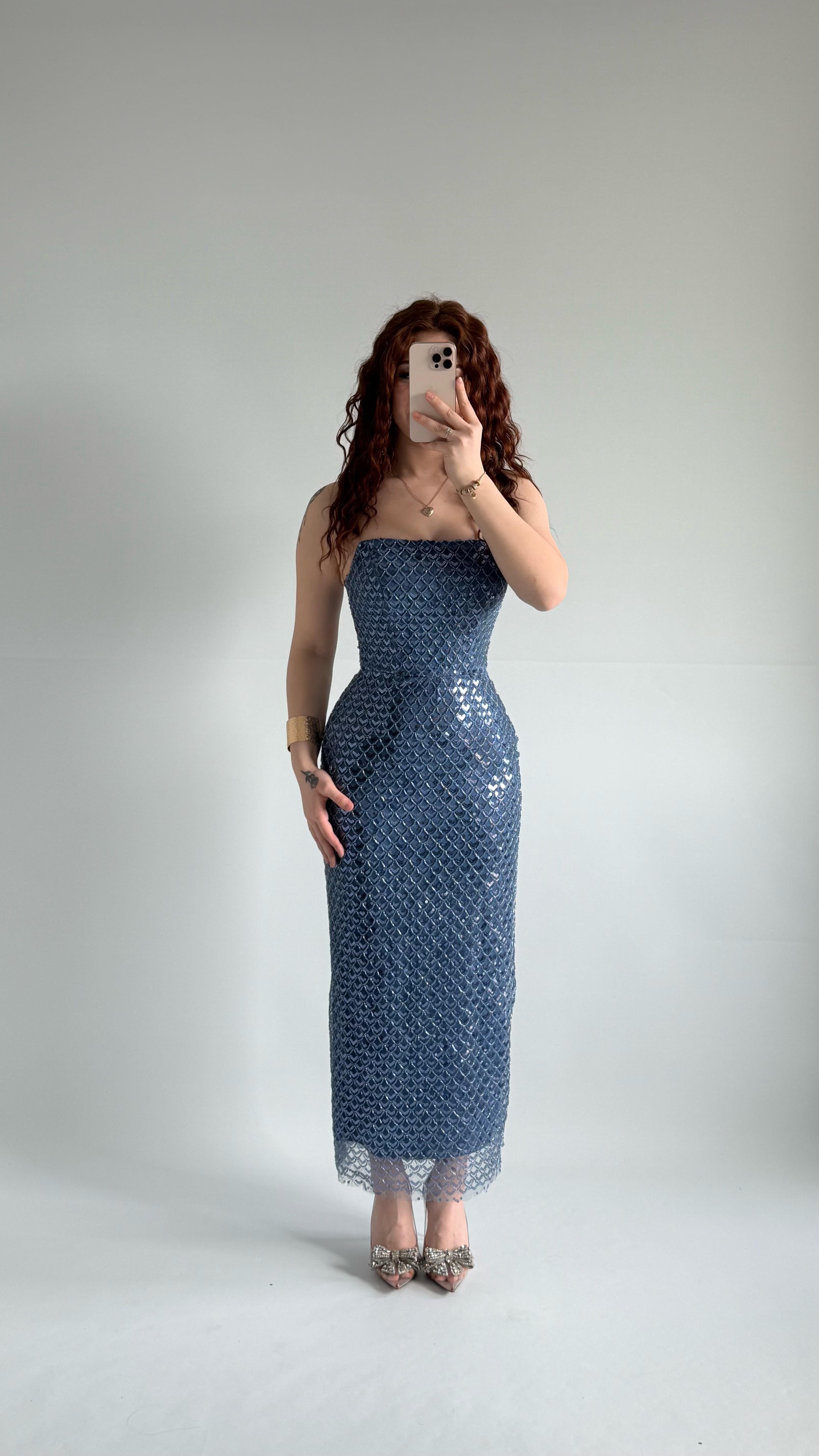 Mermaid Midi Straplez Abiye İndigo
