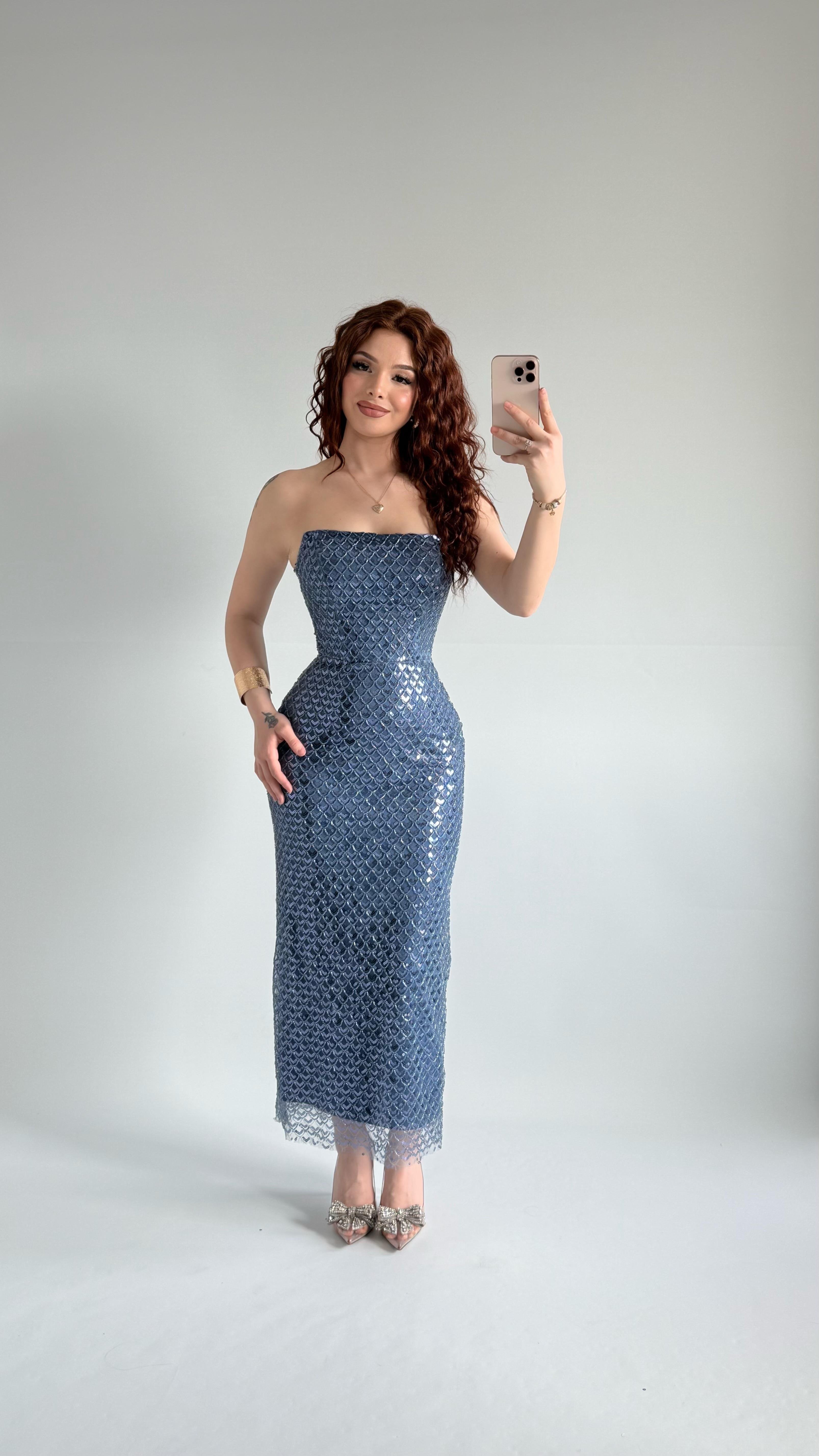 Mermaid Midi Straplez Abiye İndigo