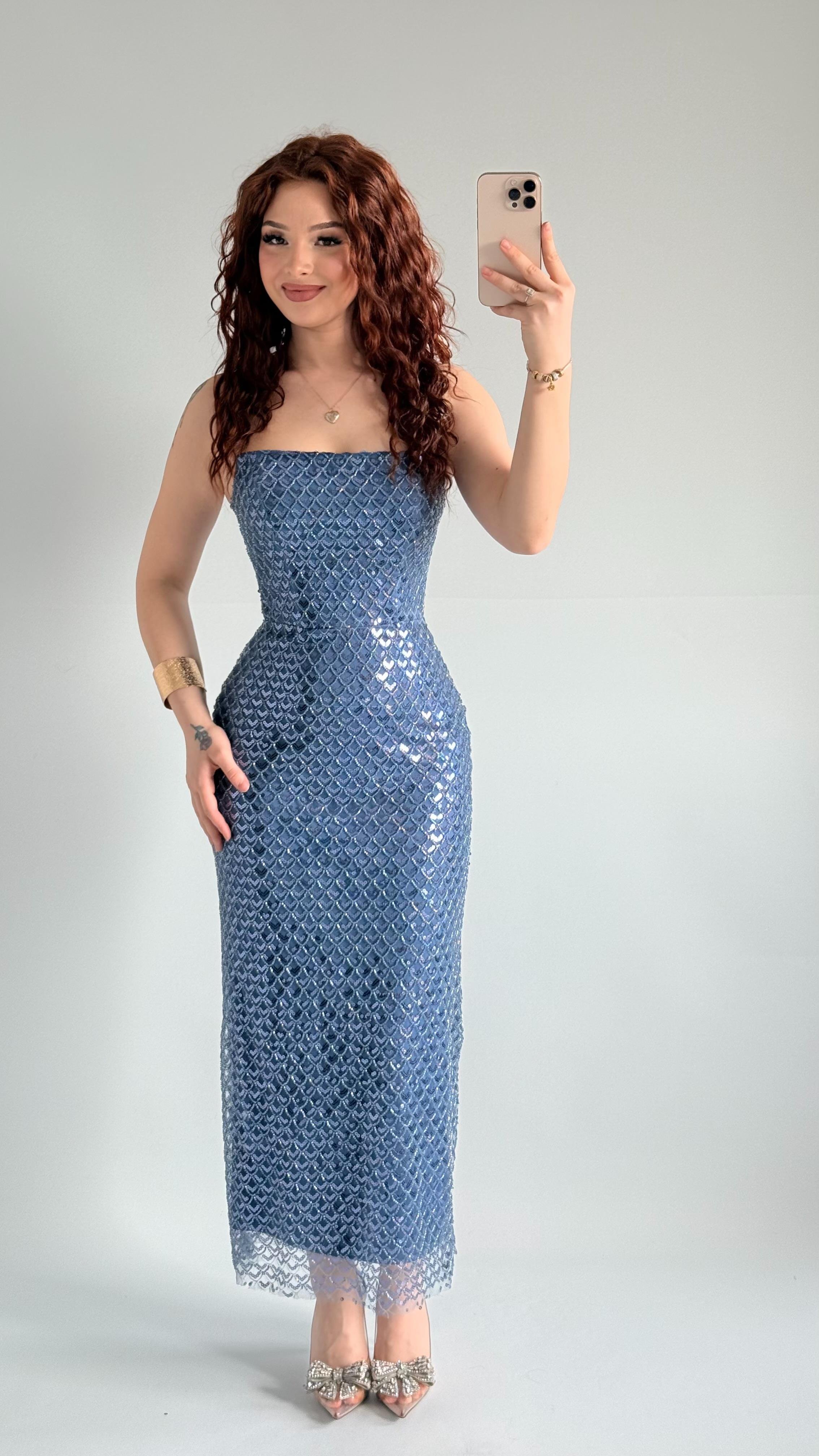 Mermaid Midi Straplez Abiye İndigo