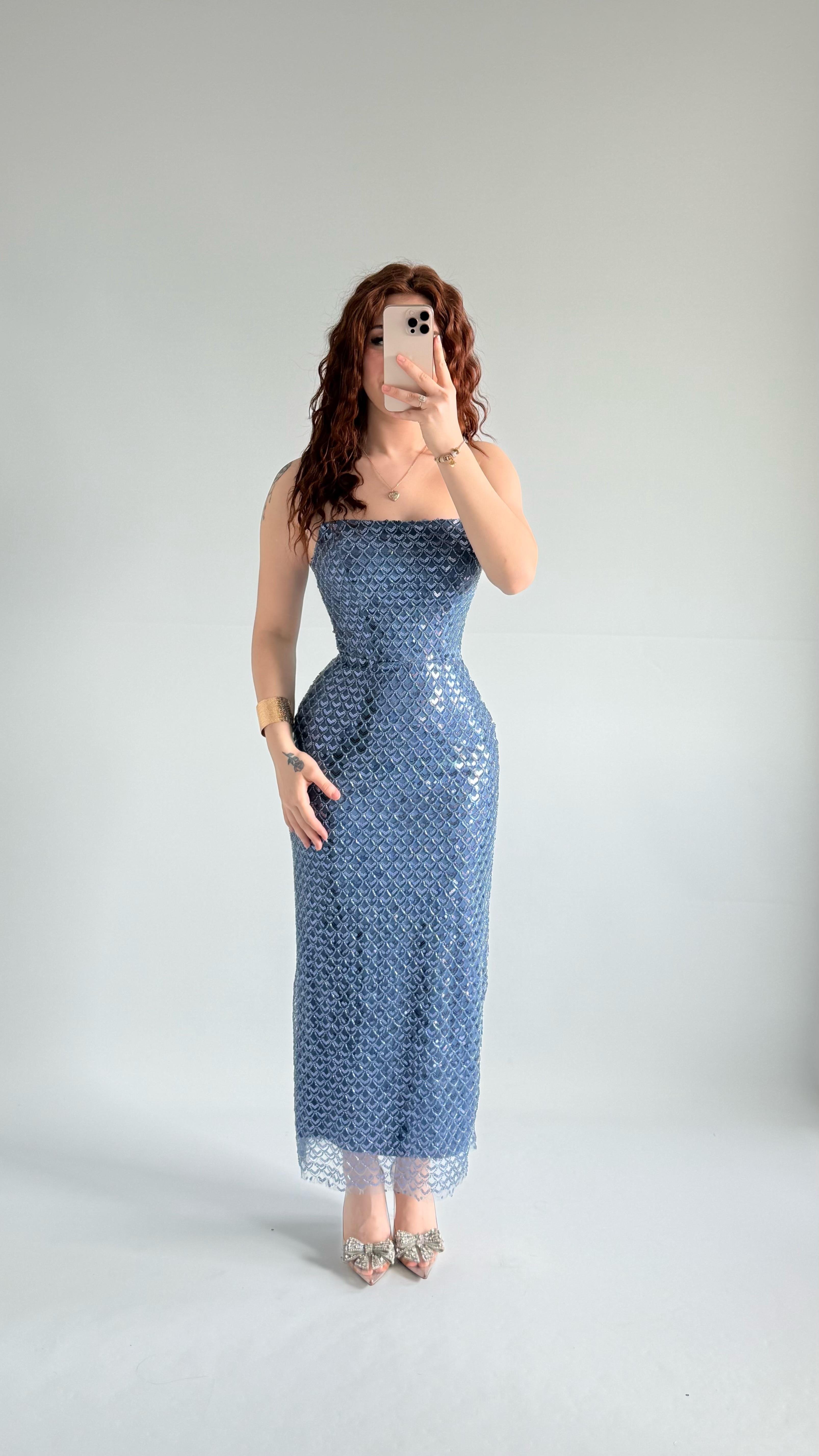Mermaid Midi Straplez Abiye İndigo