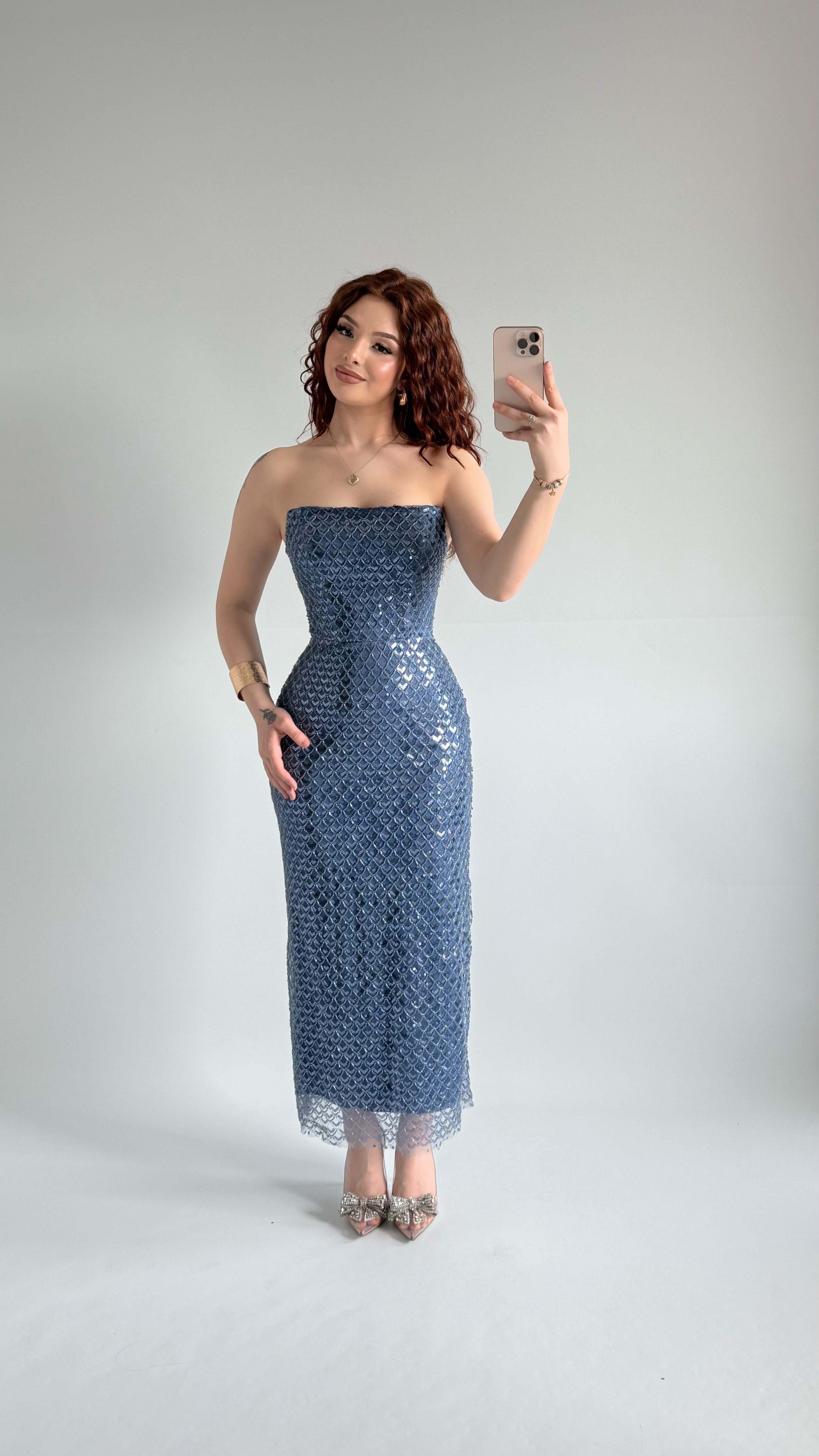 Mermaid Midi Straplez Abiye İndigo