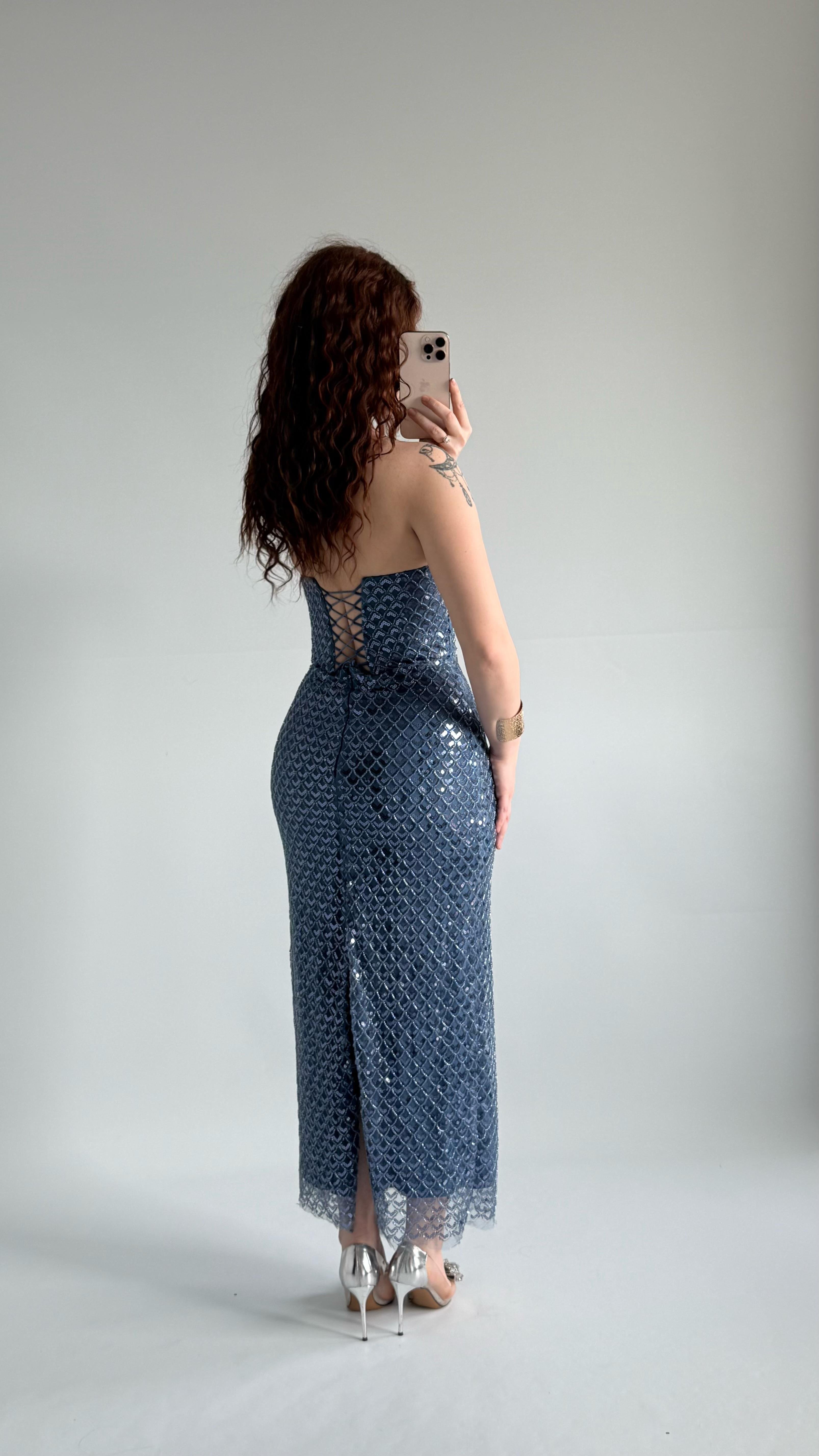 Mermaid Midi Straplez Abiye İndigo