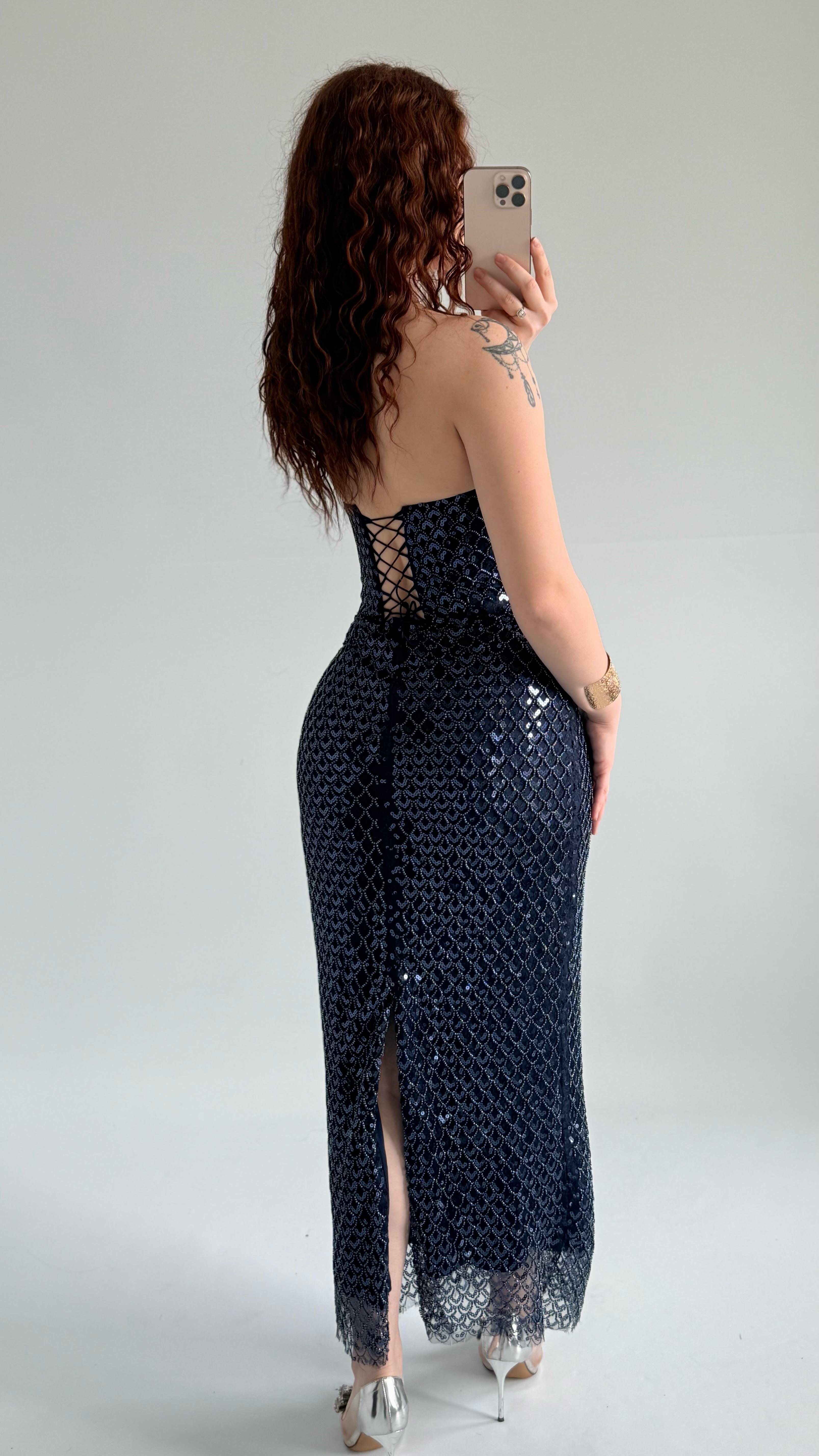 Mermaid Midi Straplez Abiye Lacivert 