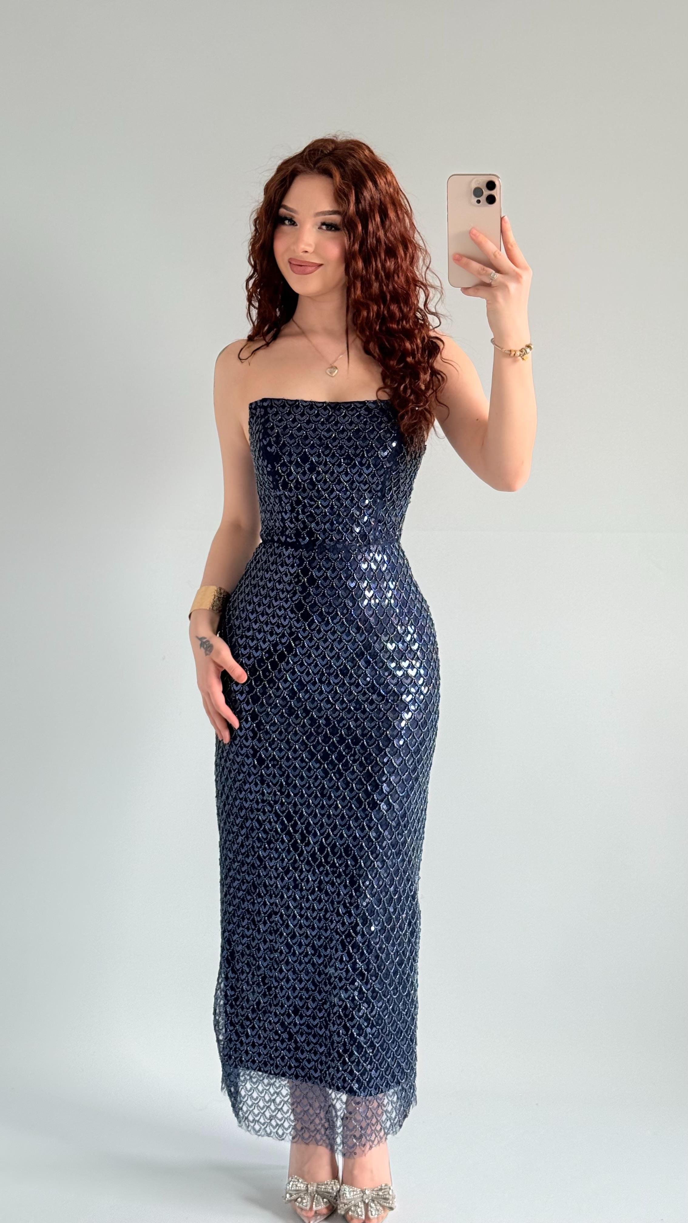 Mermaid Midi Straplez Abiye Lacivert 