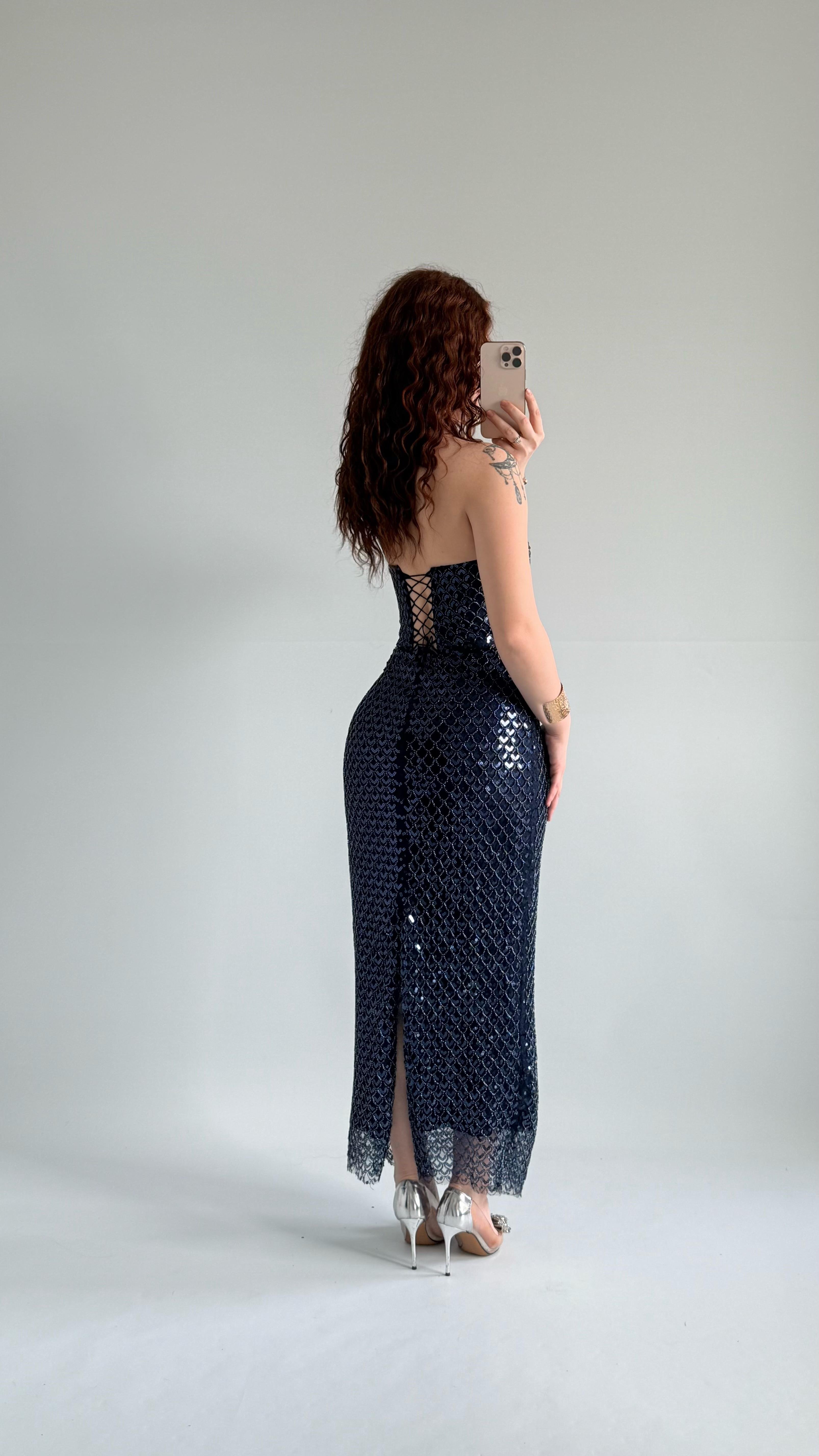 Mermaid Midi Straplez Abiye Lacivert 