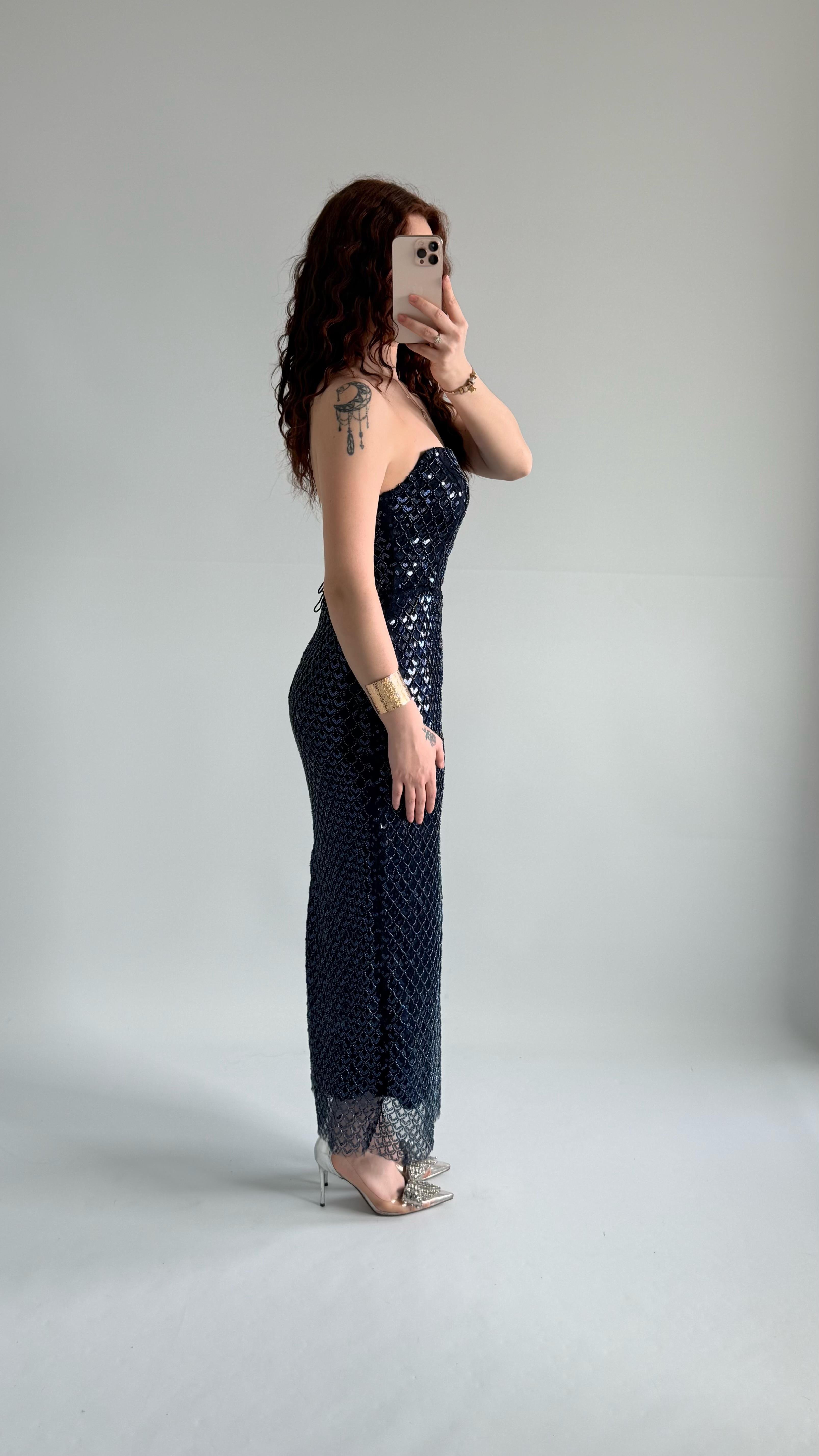Mermaid Midi Straplez Abiye Lacivert 