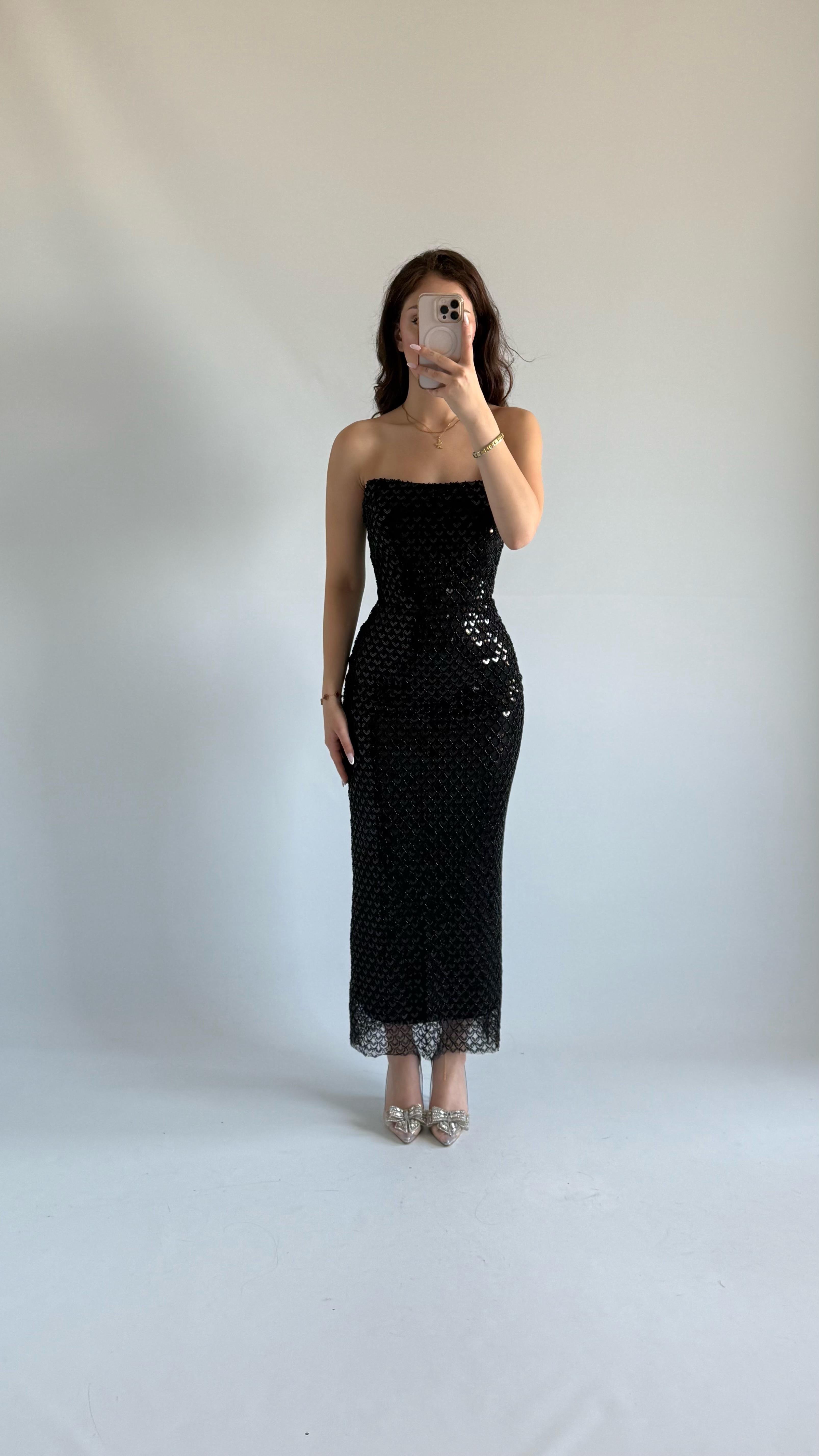 Mermaid Midi Straplez Abiye Siyah