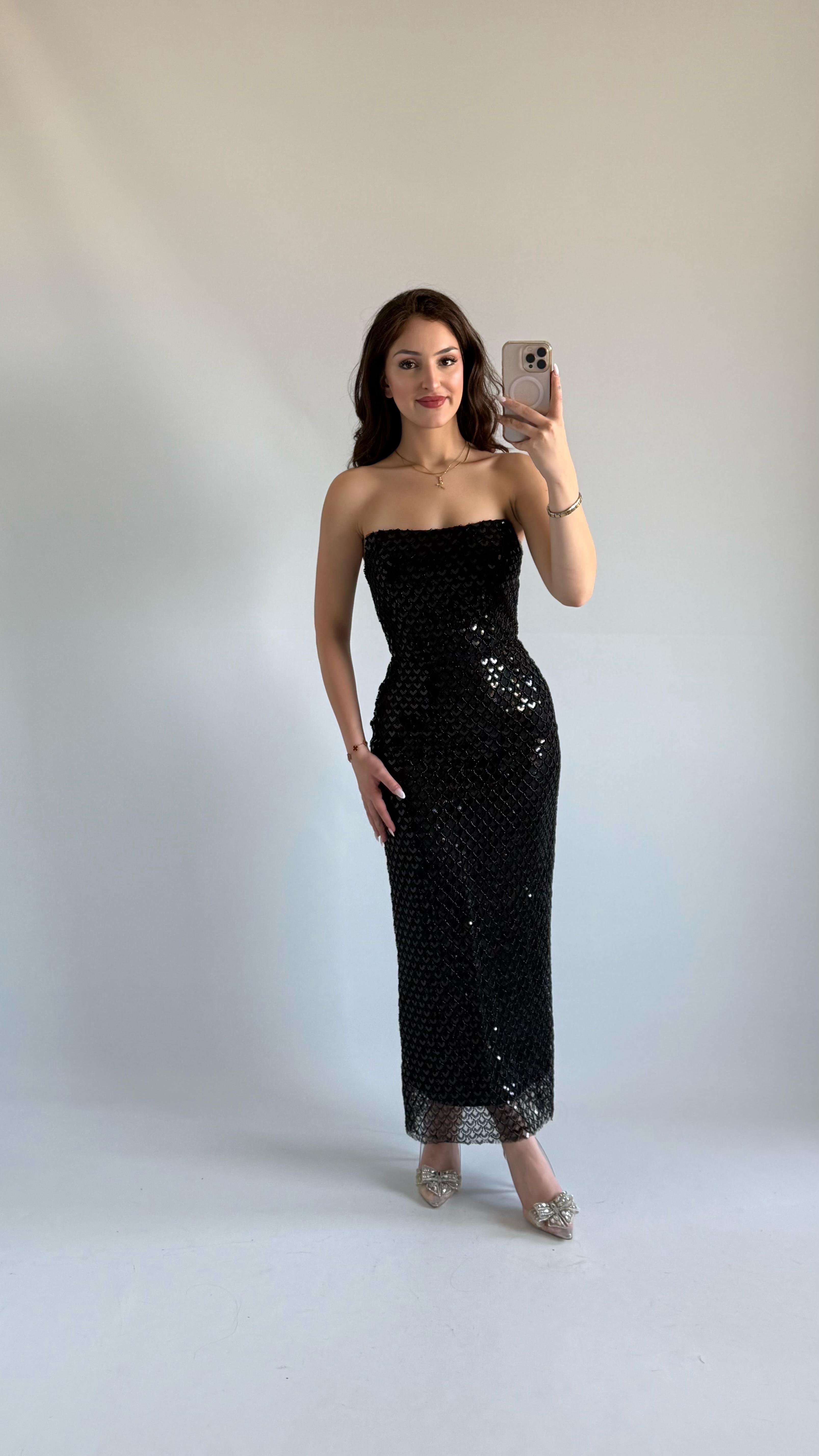 Mermaid Midi Straplez Abiye Siyah
