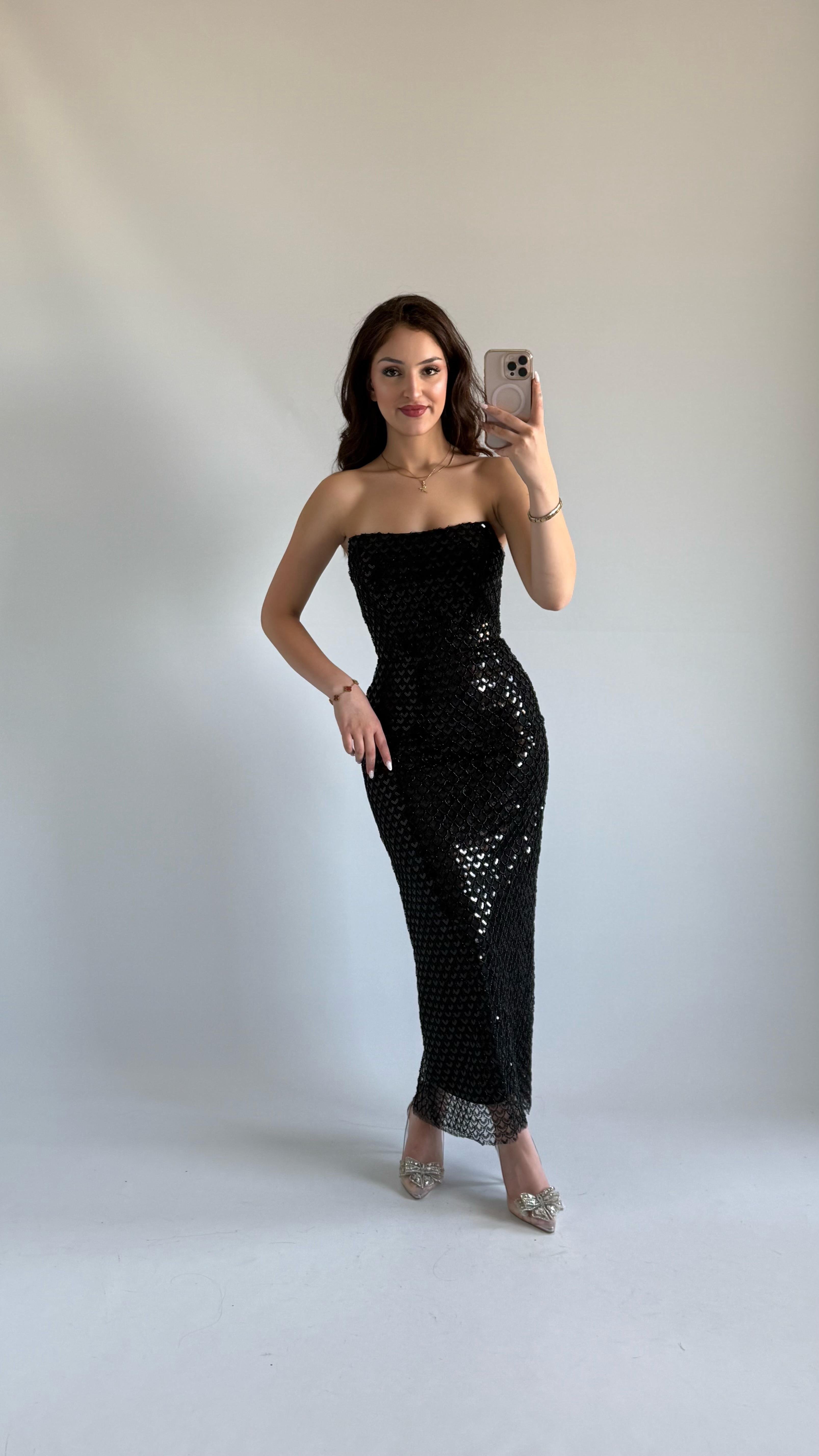 Mermaid Midi Straplez Abiye Siyah