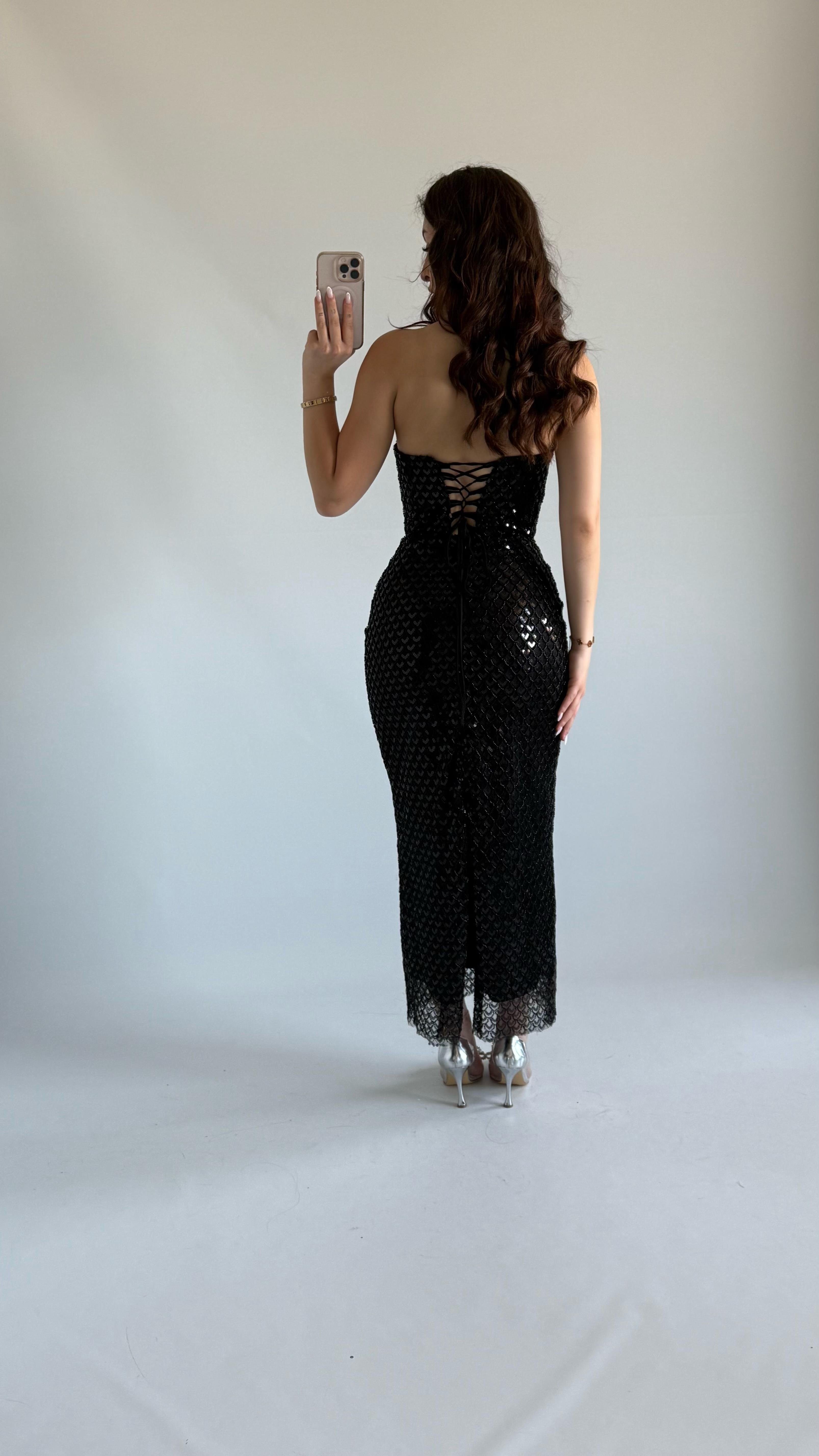 Mermaid Midi Straplez Abiye Siyah