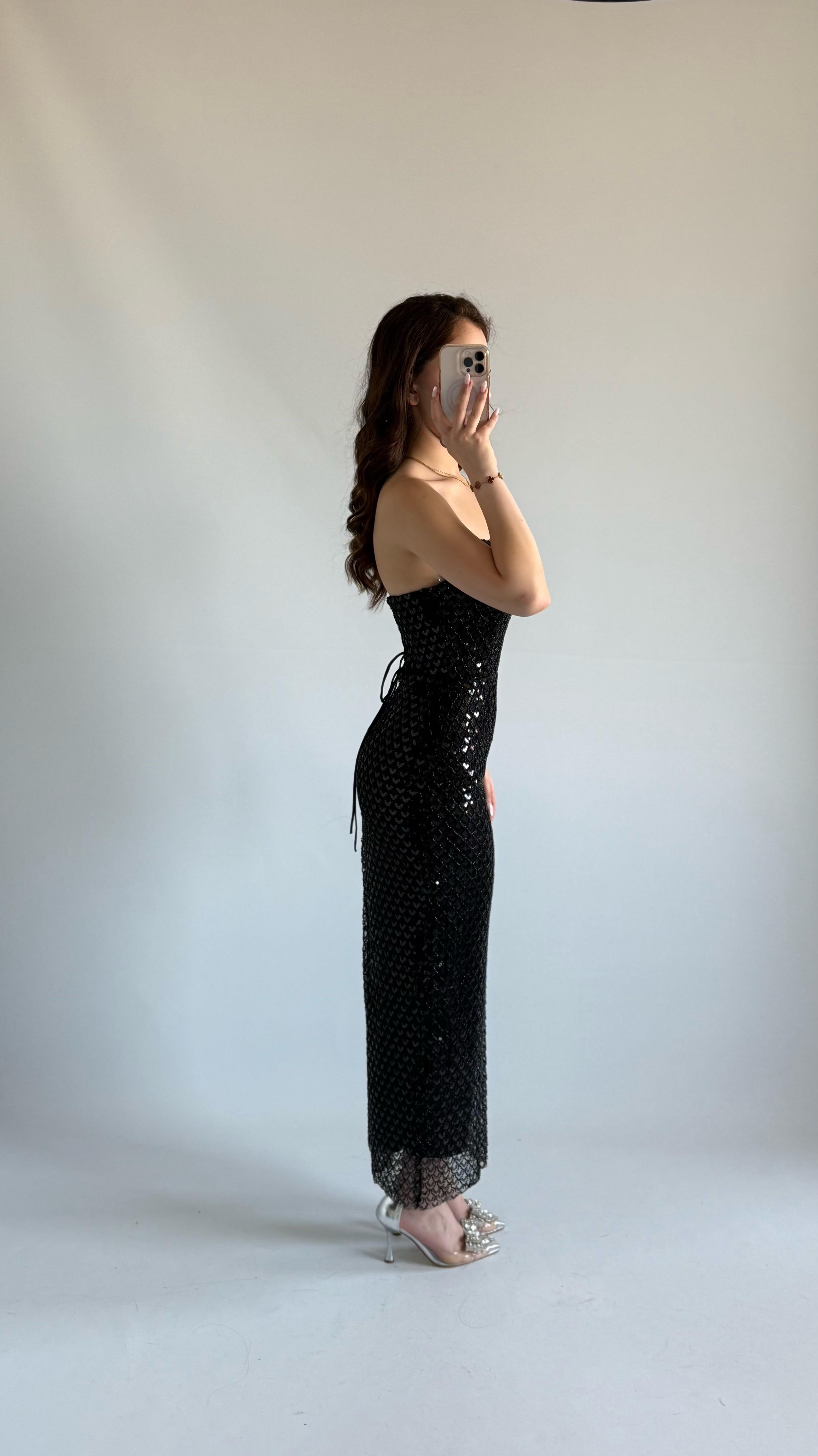 Mermaid Midi Straplez Abiye Siyah