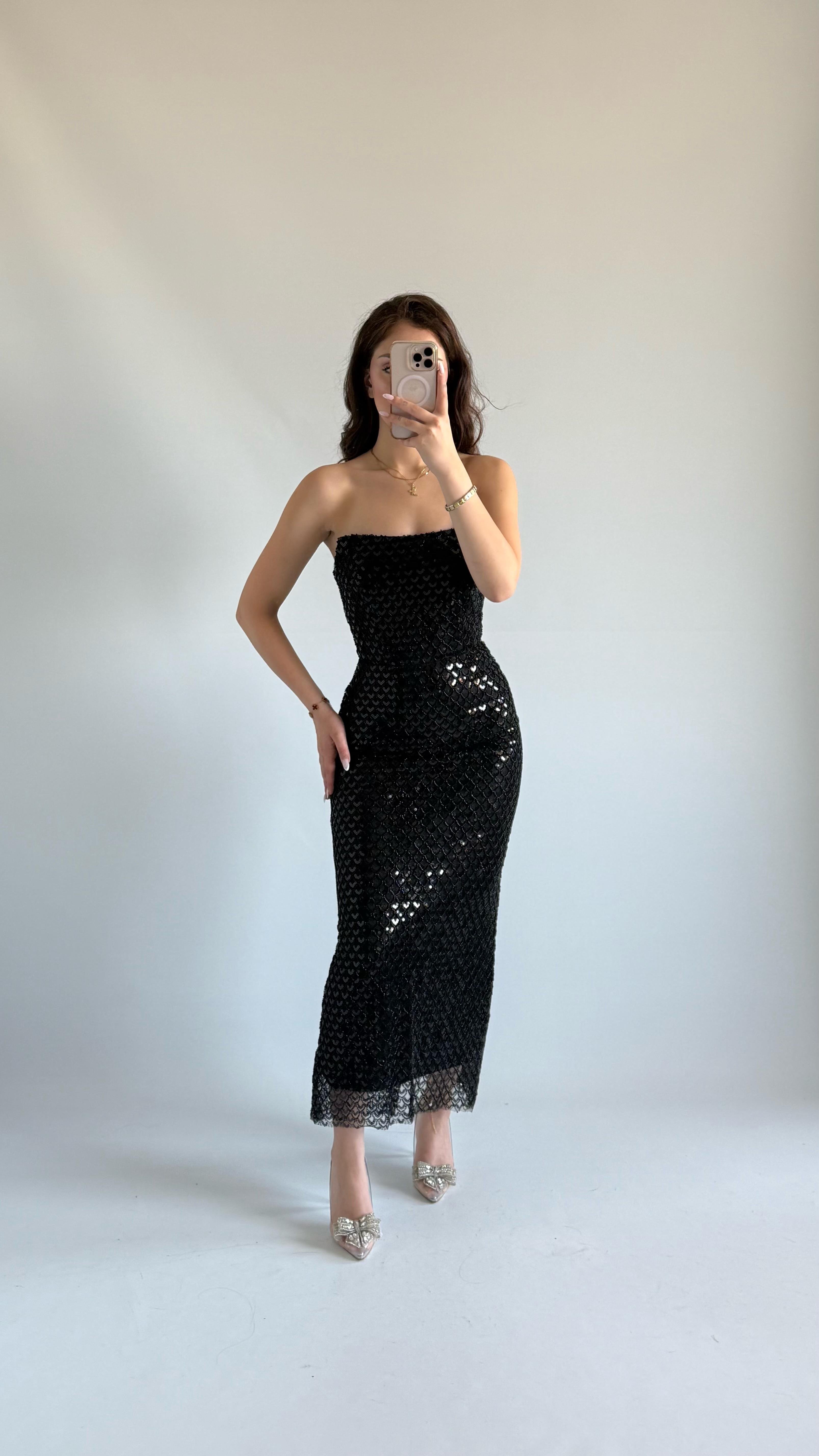 Mermaid Midi Straplez Abiye Siyah