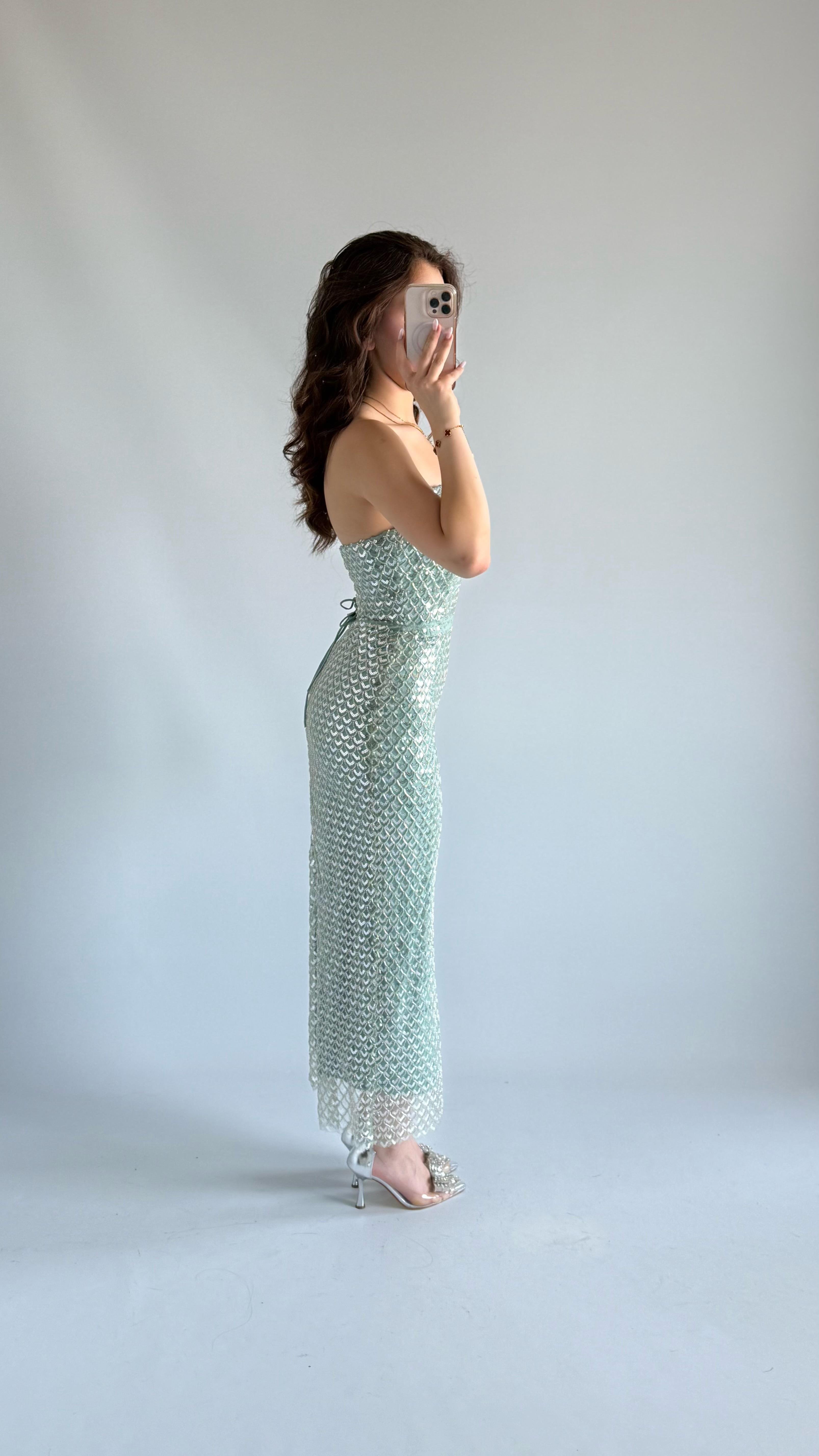 Mermaid Midi Straplez Abiye Su Yeşili