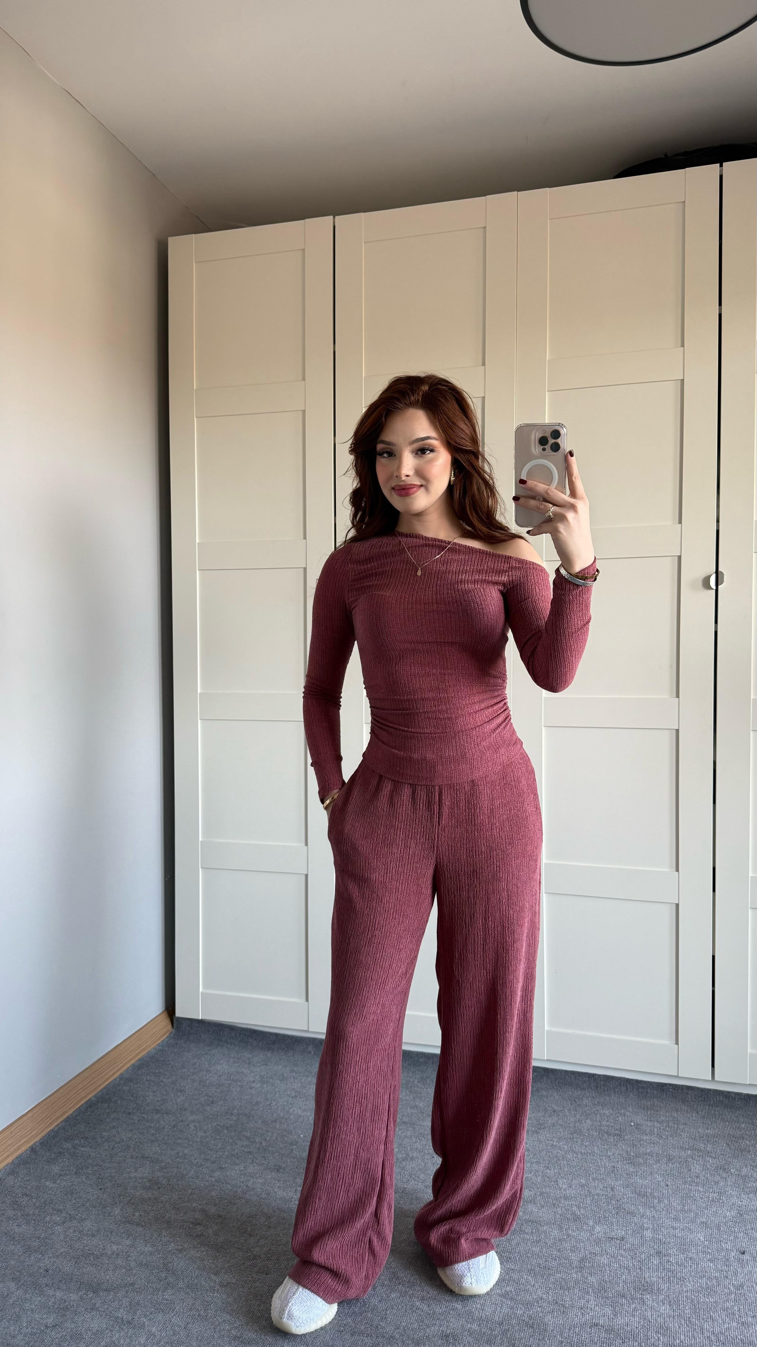 Merserize Kayık Yaka Takım Bordo