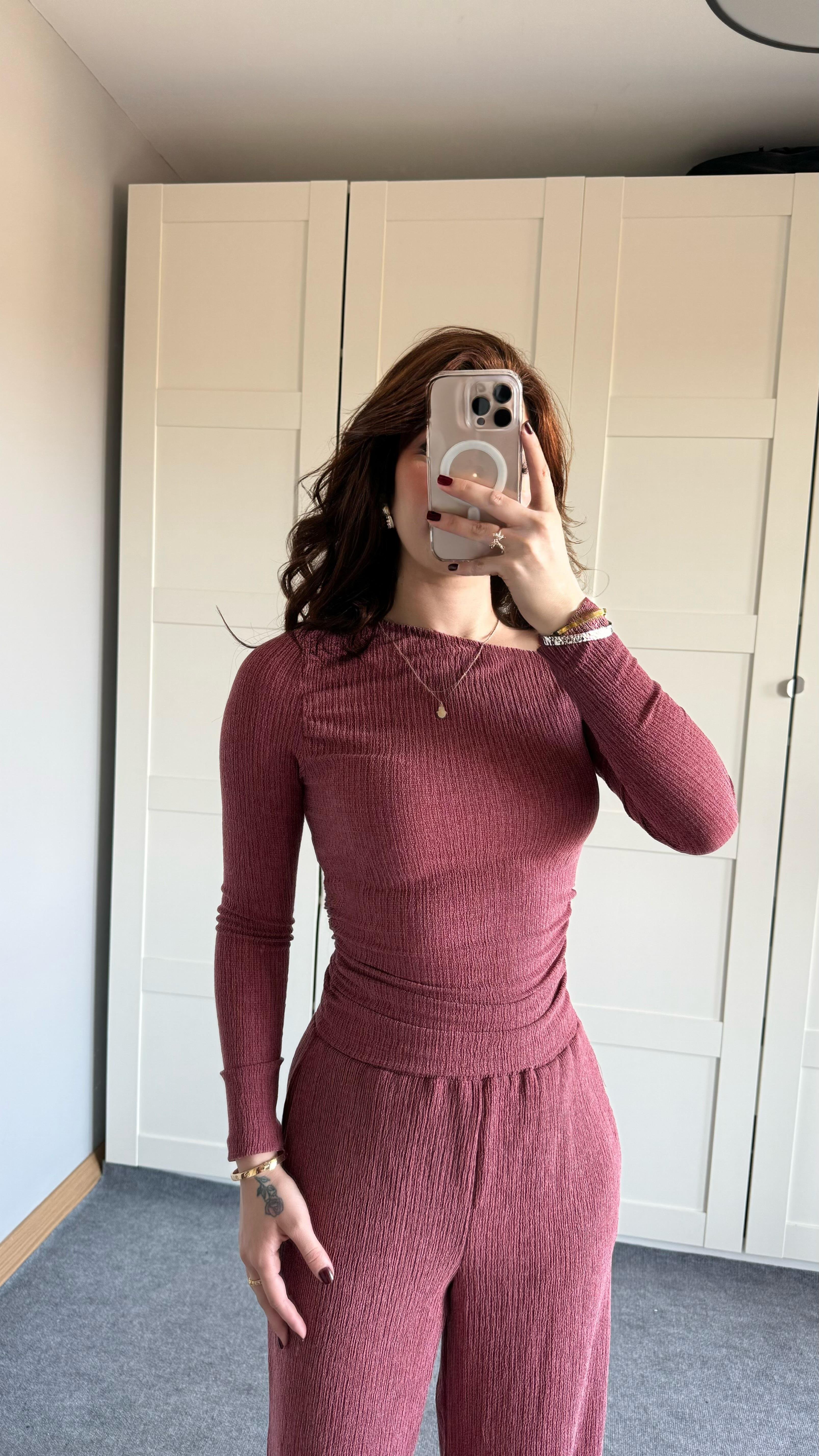 Merserize Kayık Yaka Takım Bordo