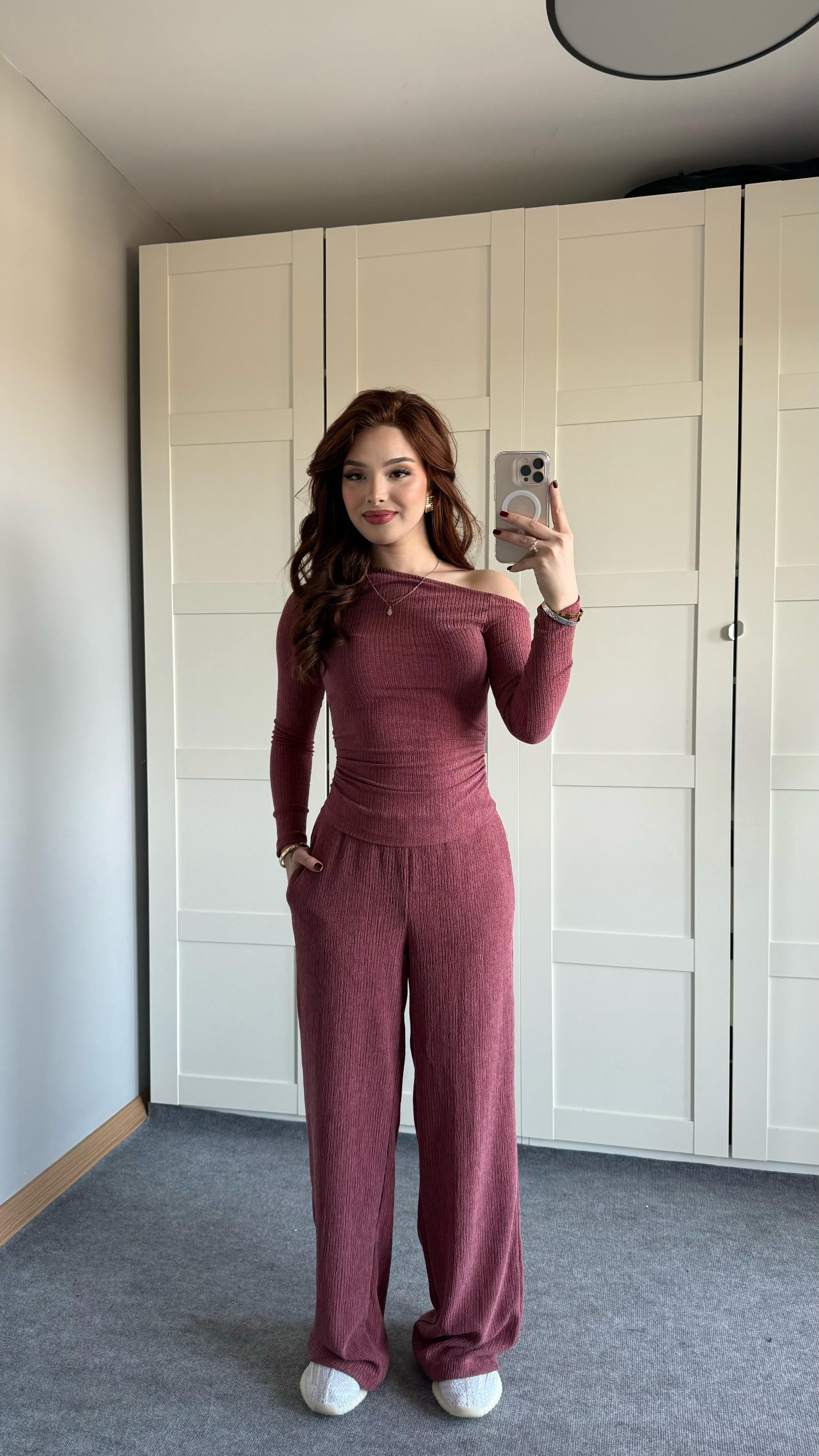 Merserize Kayık Yaka Takım Bordo