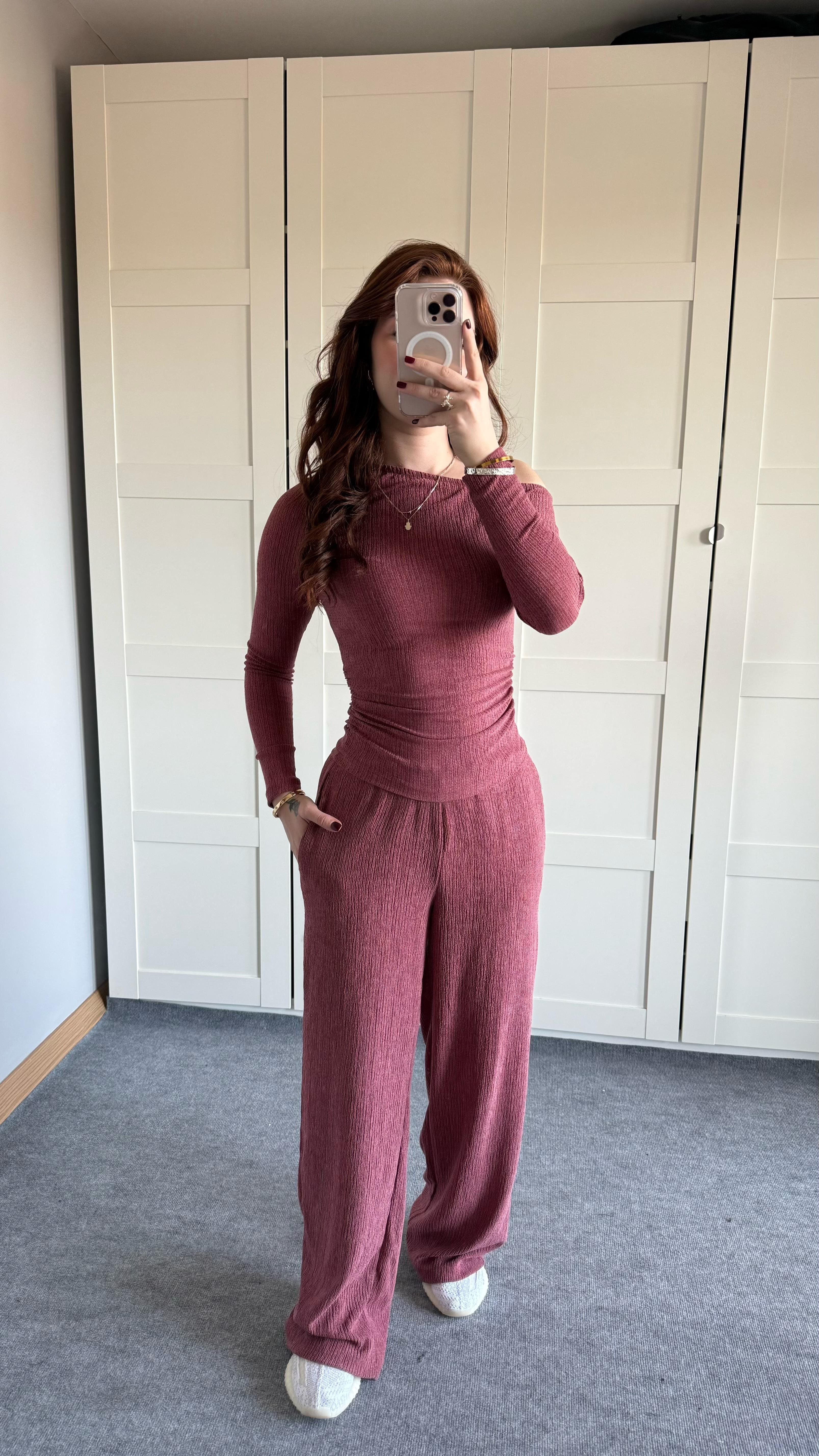 Merserize Kayık Yaka Takım Bordo