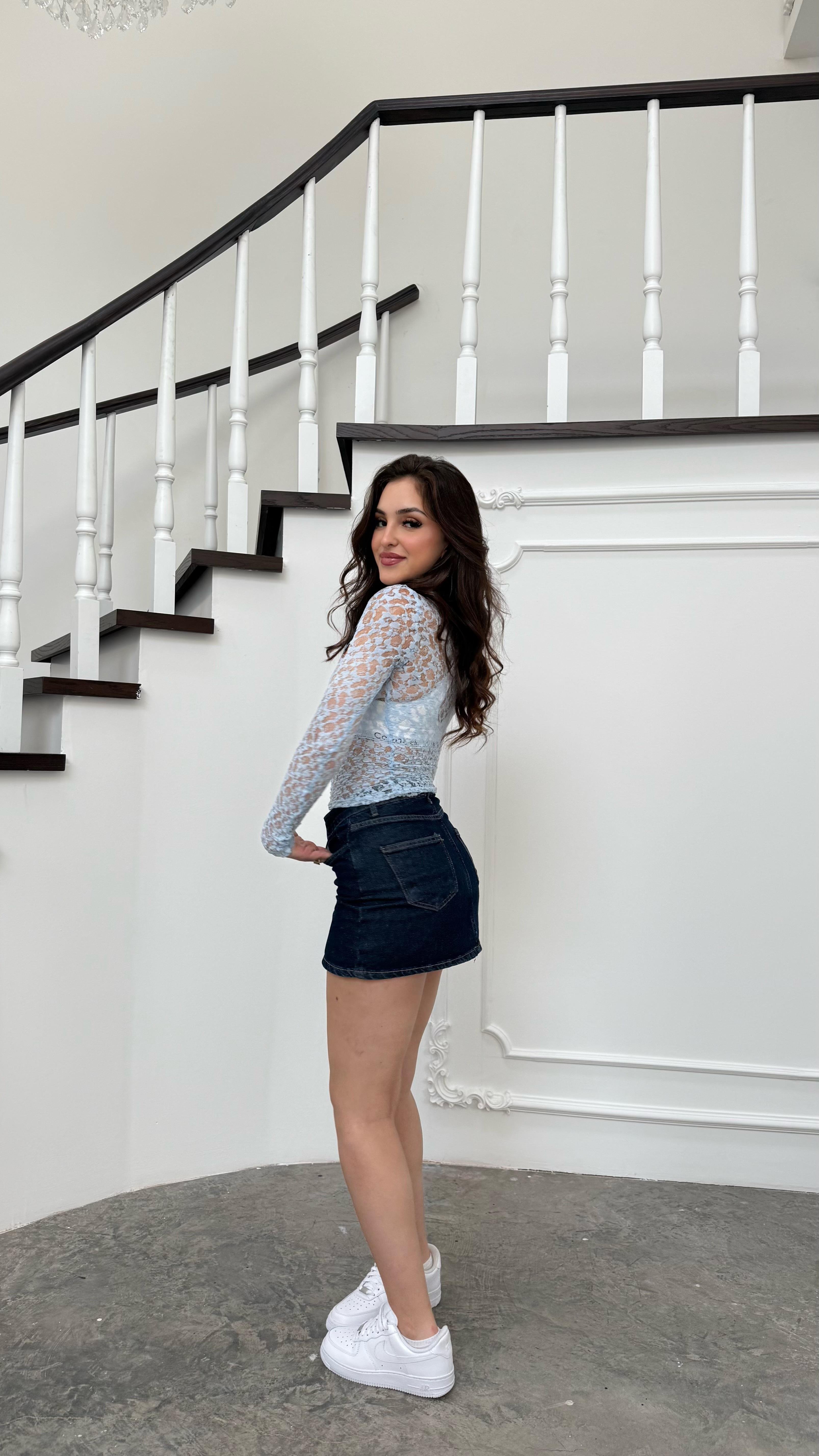 Milie Transparan Dantelli Bluz Mavi 