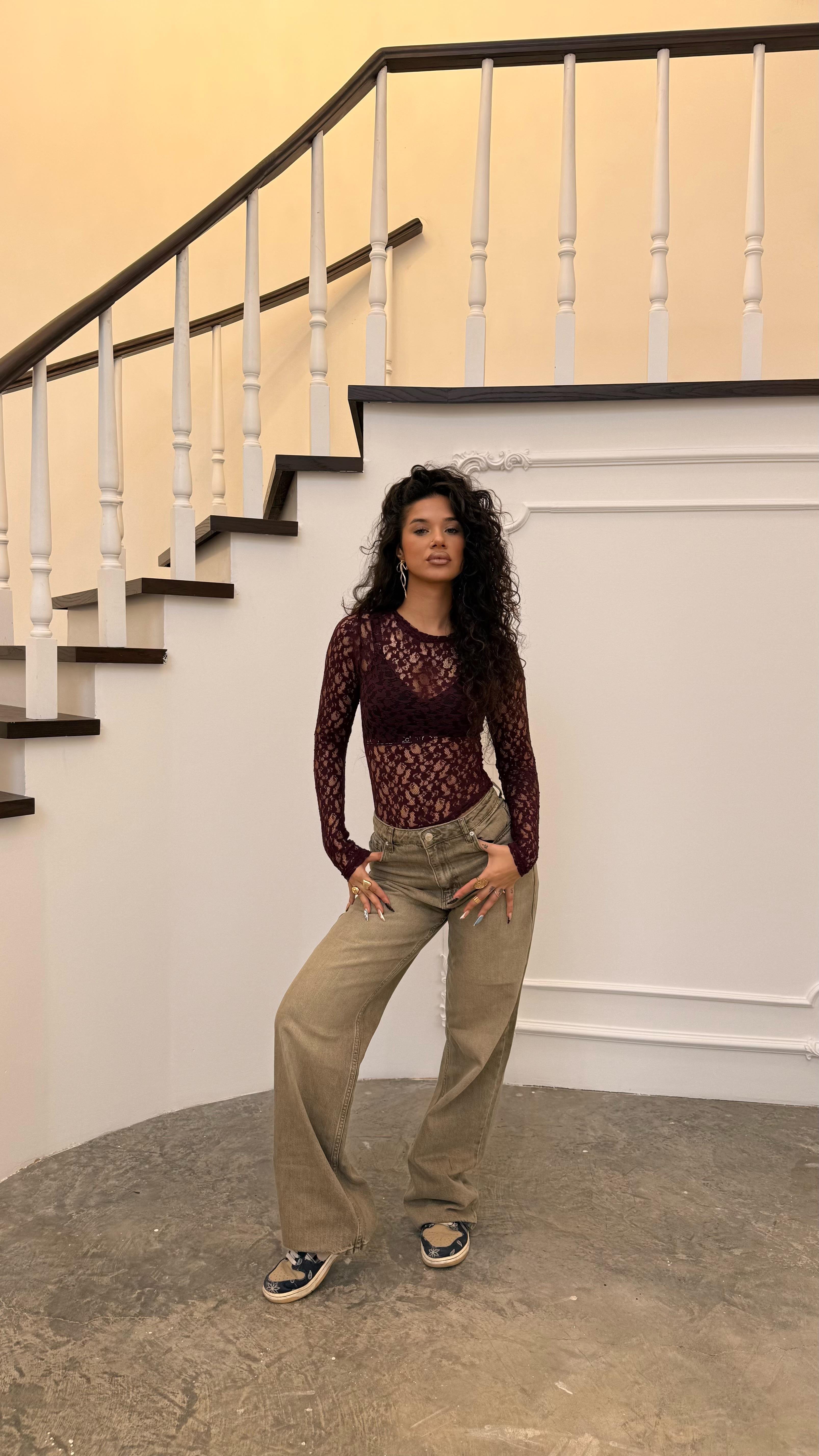 Milie Transparan Dantelli Bordo
