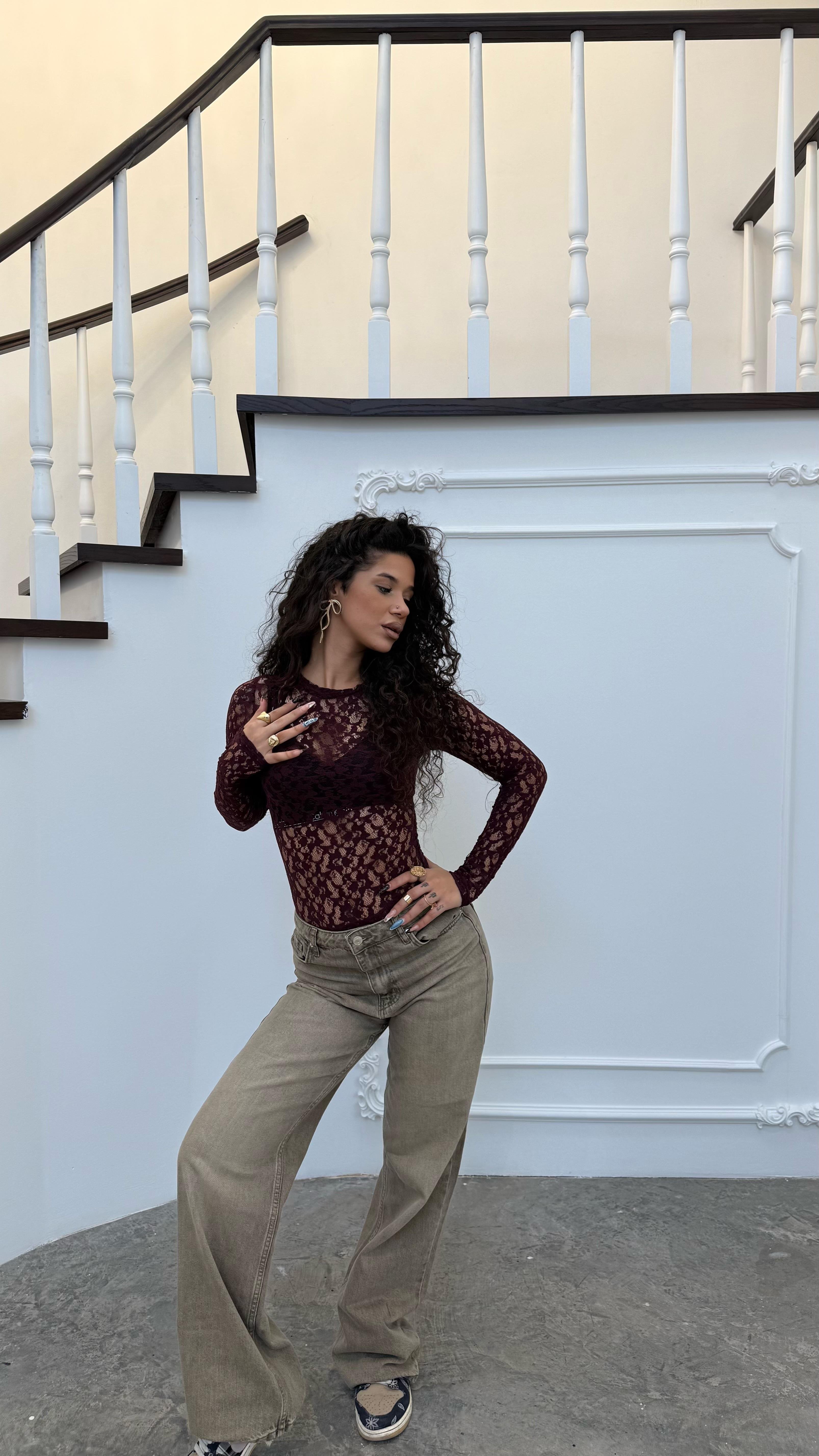 Milie Transparan Dantelli Bordo