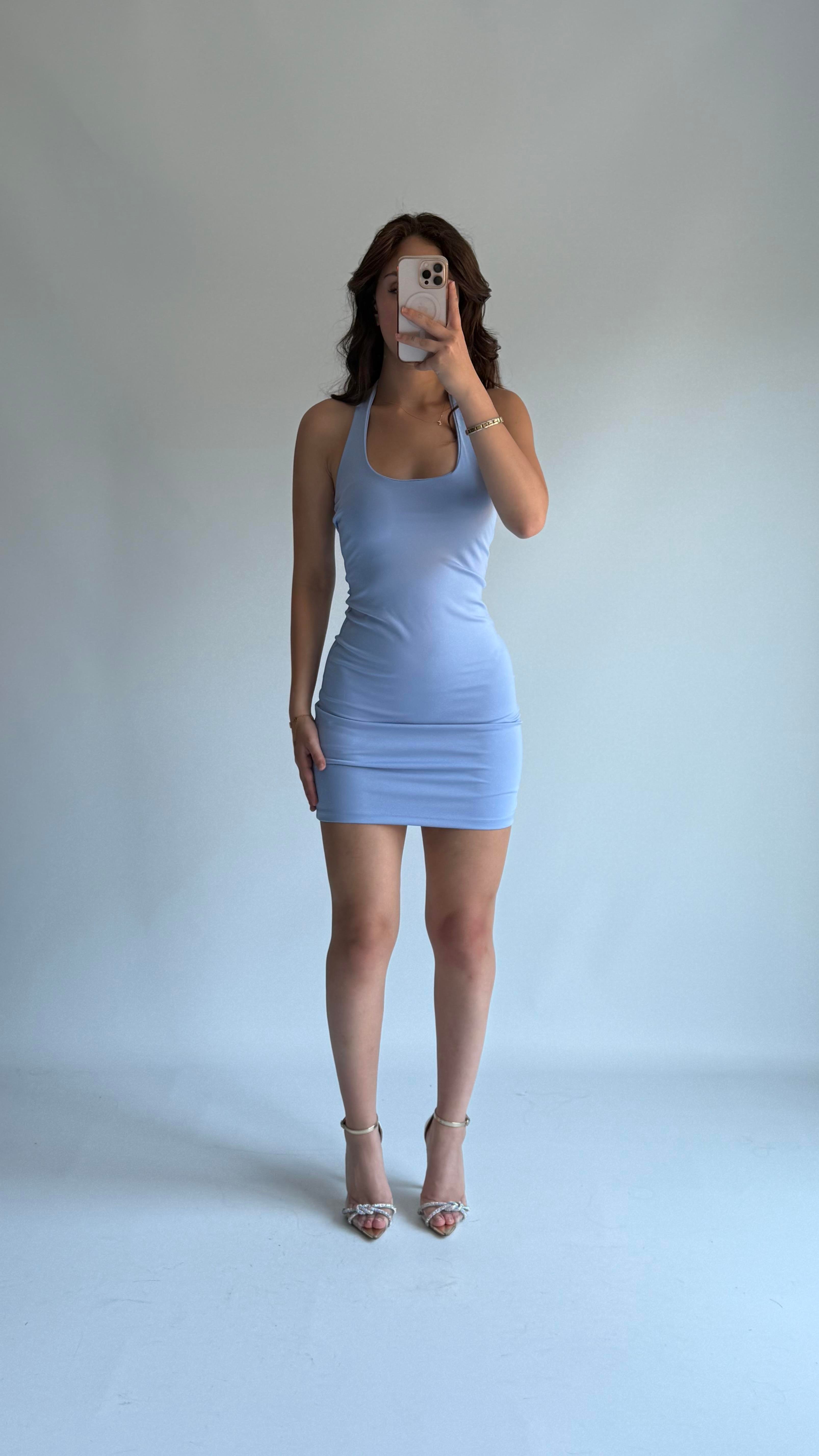 Mini Boyun Geçirmeli Elbise Bebe Mavisi