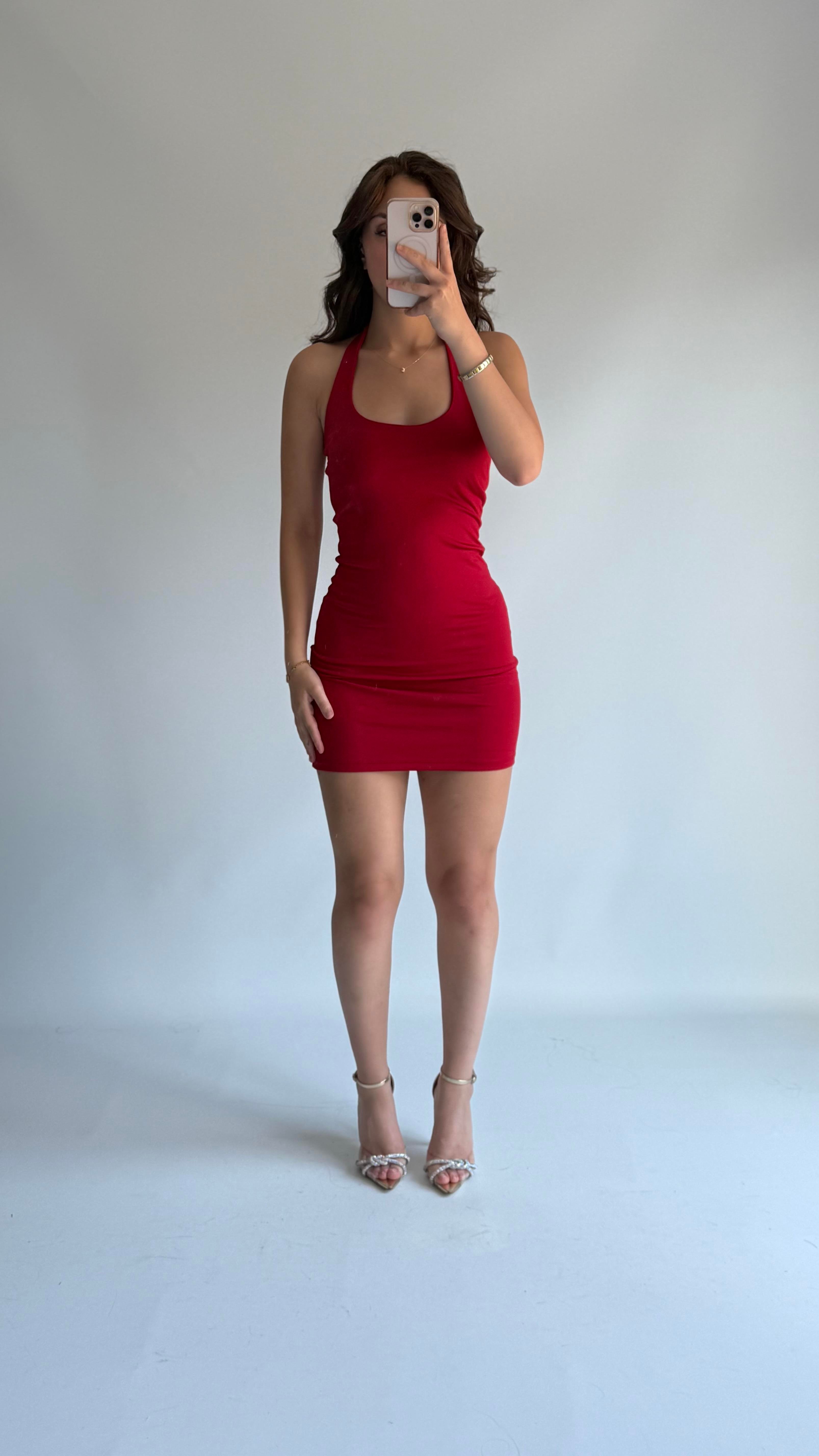 Mini Boyun Geçirmeli Elbise Kırmızı