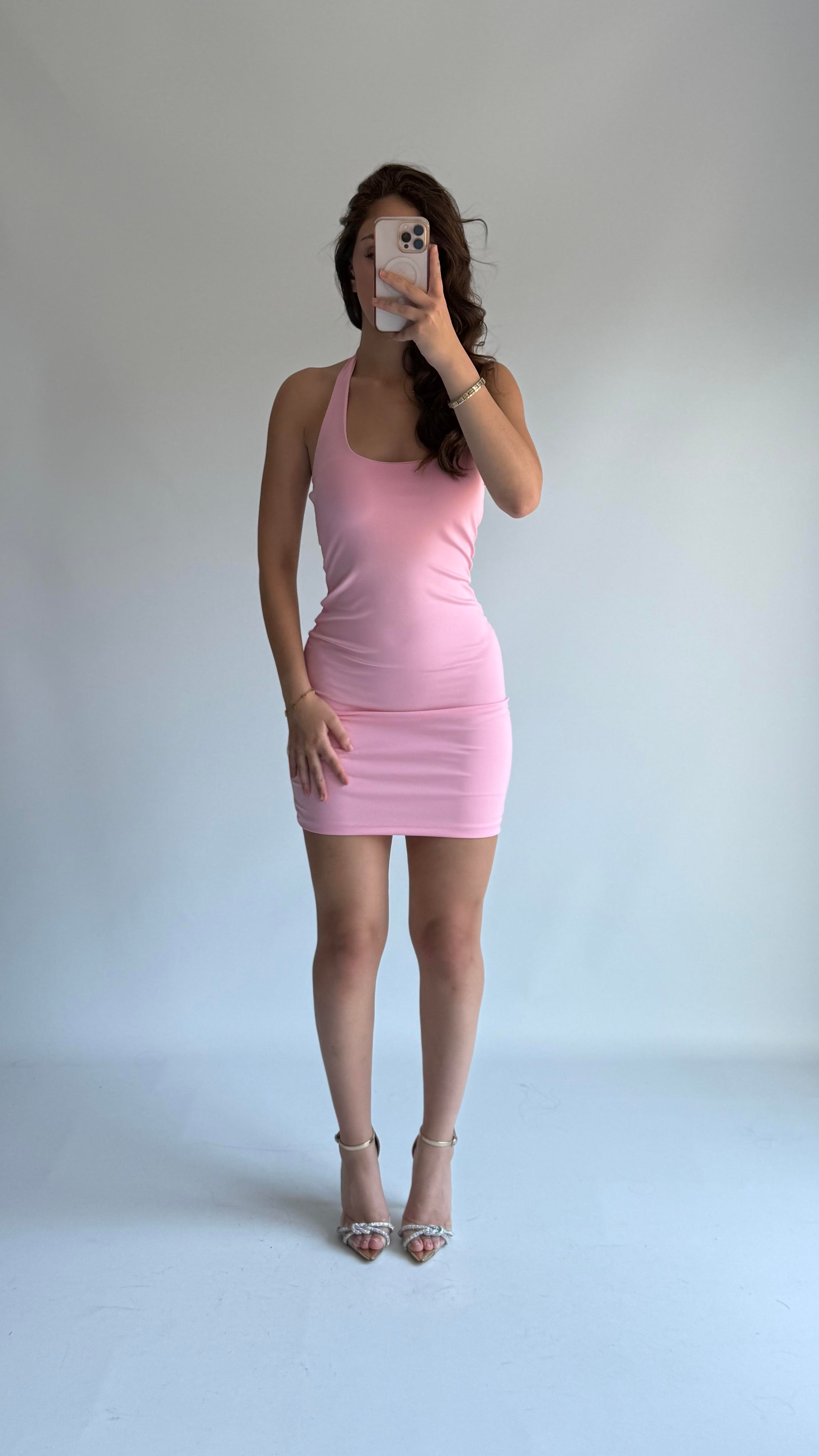 Mini Boyun Geçirmeli Elbise Pembe