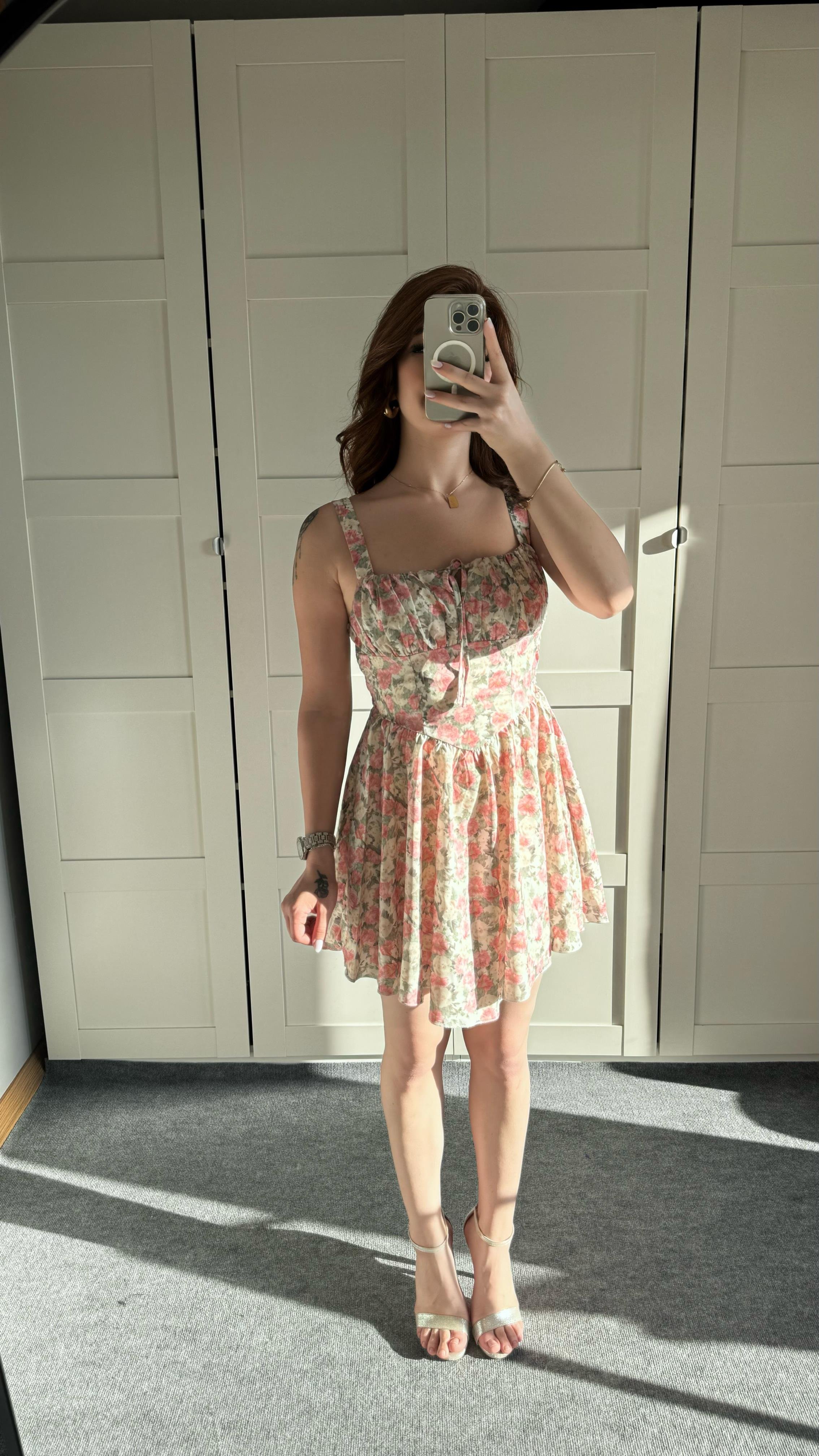 Mini Çiçekli Korse Pembe Elbise