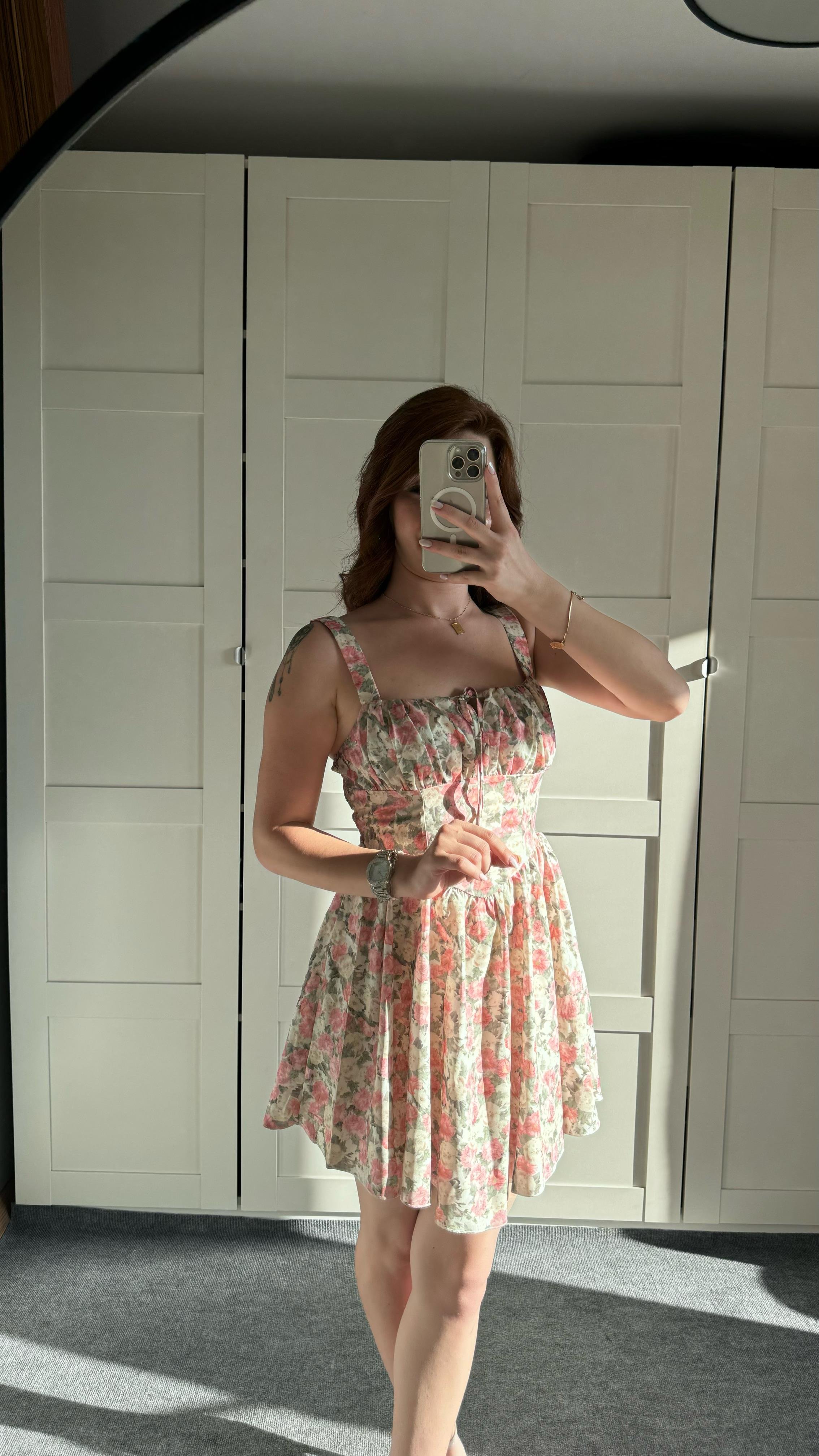 Mini Çiçekli Korse Pembe Elbise