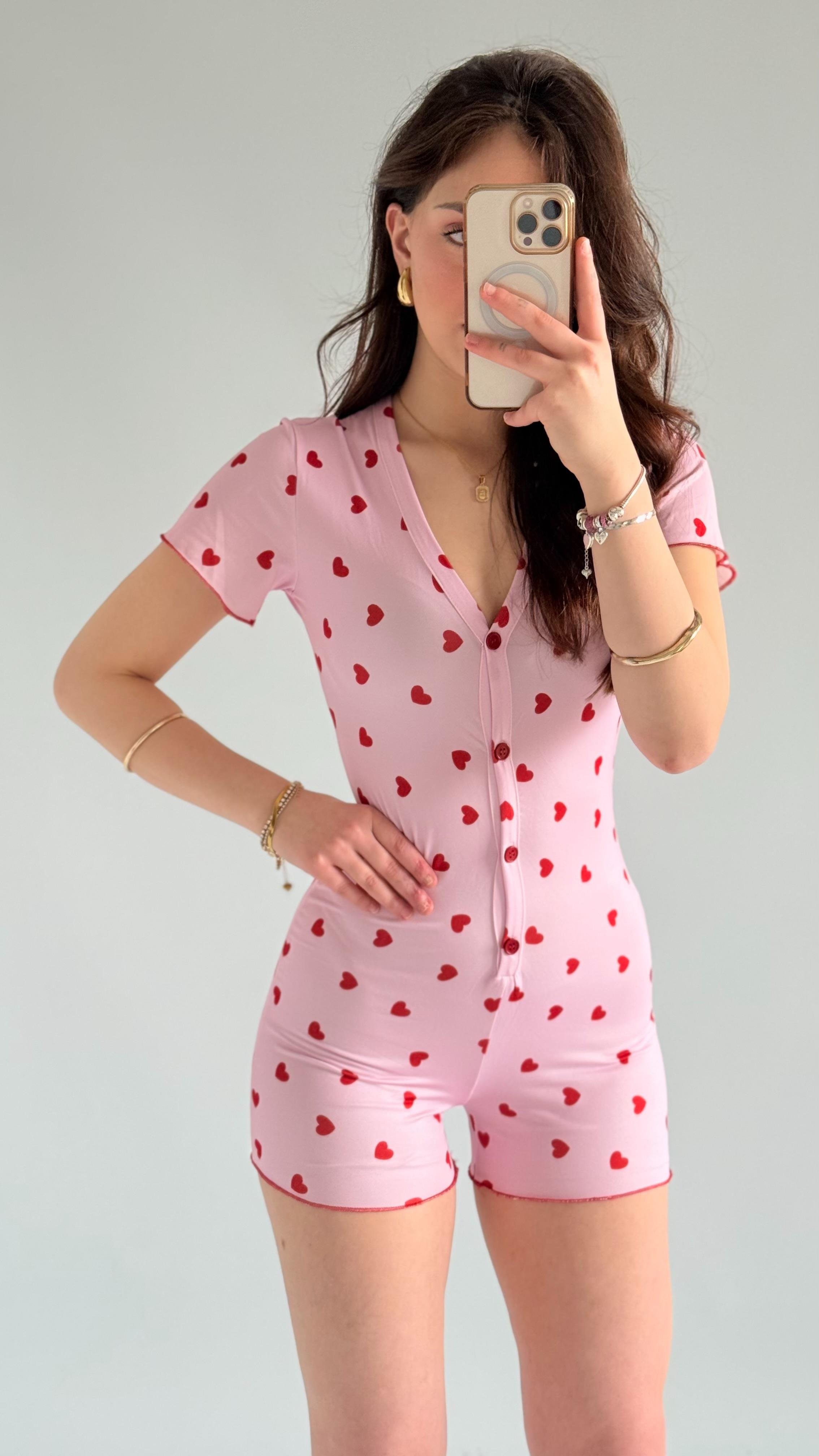 Minik Kalpli Düğmeli Mini Tulum Pembe