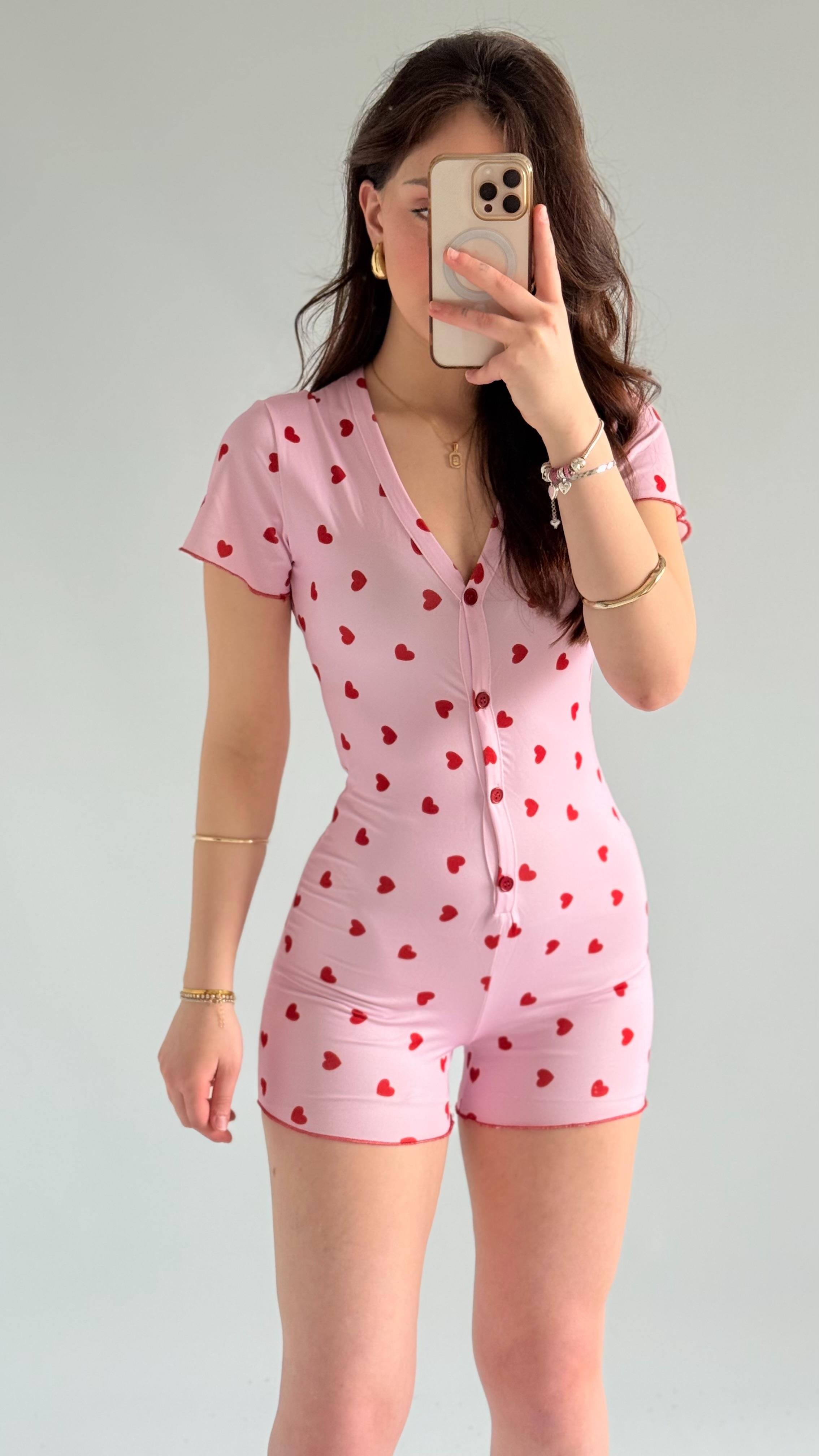 Minik Kalpli Düğmeli Mini Tulum Pembe