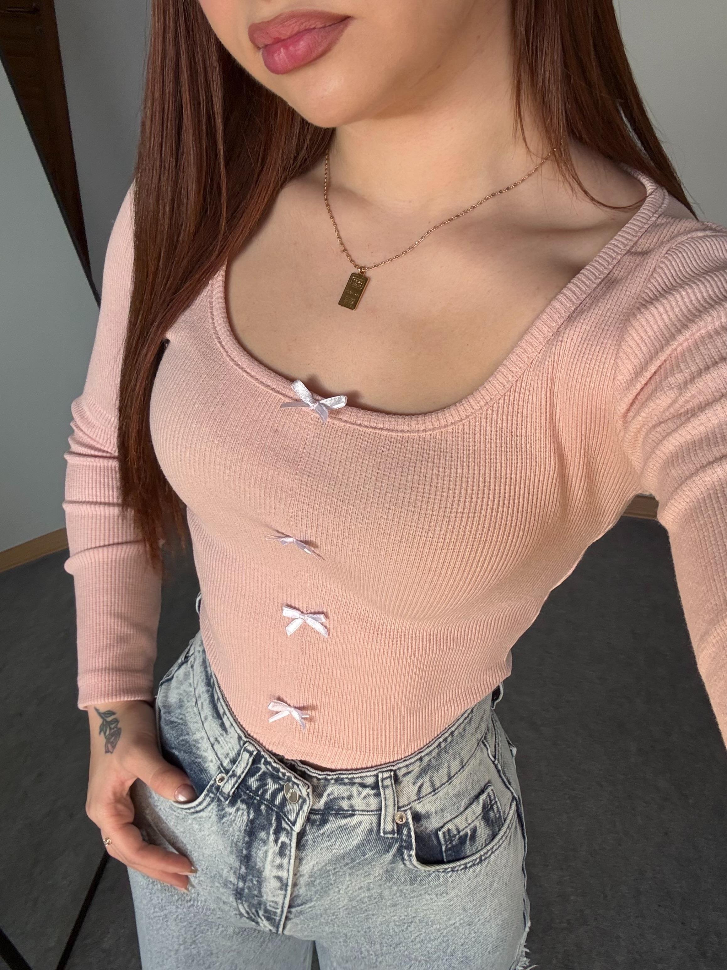 Minik Kurdele Kare Yaka Bluz Pembe