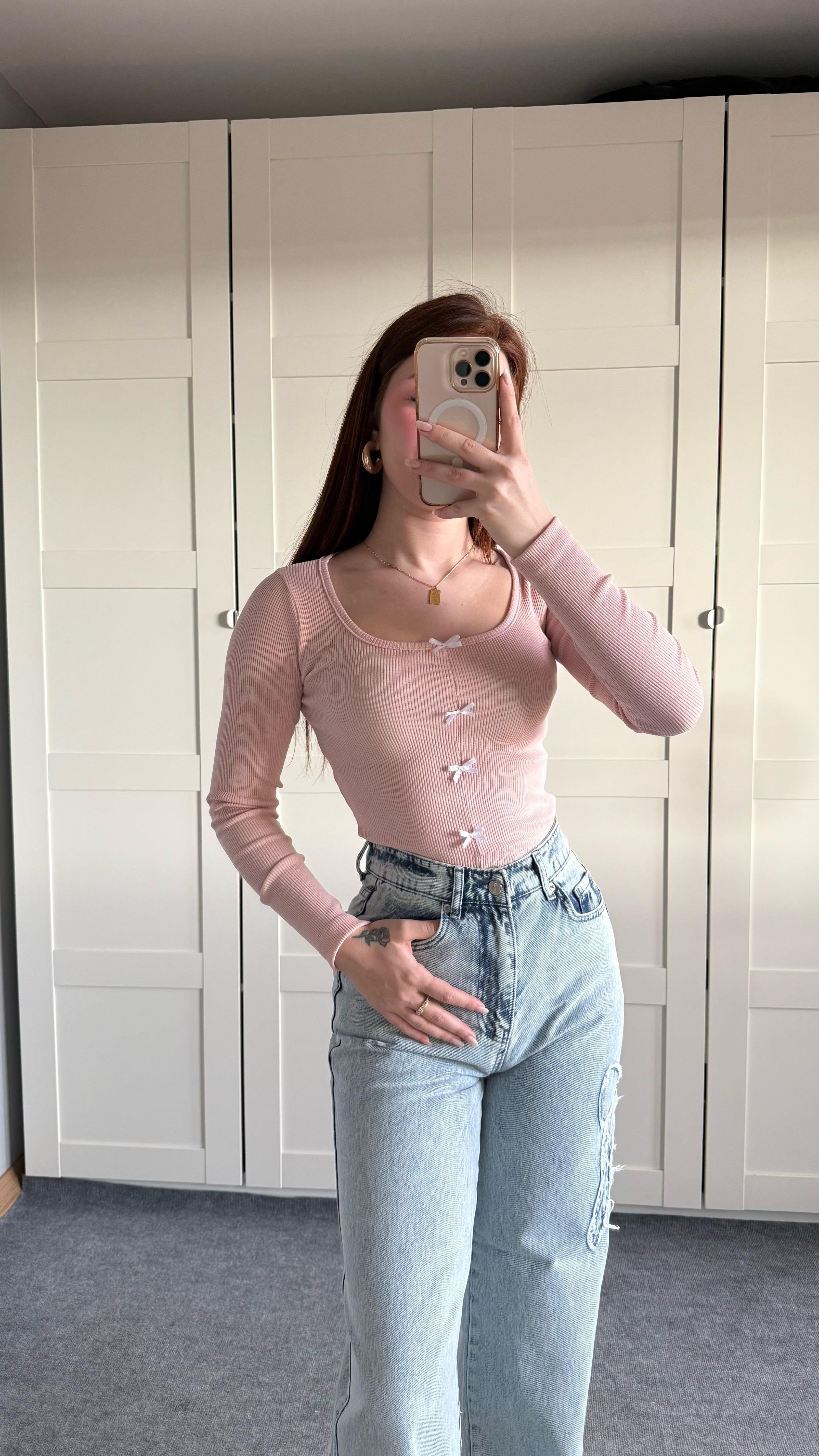 Minik Kurdele Kare Yaka Bluz Pembe