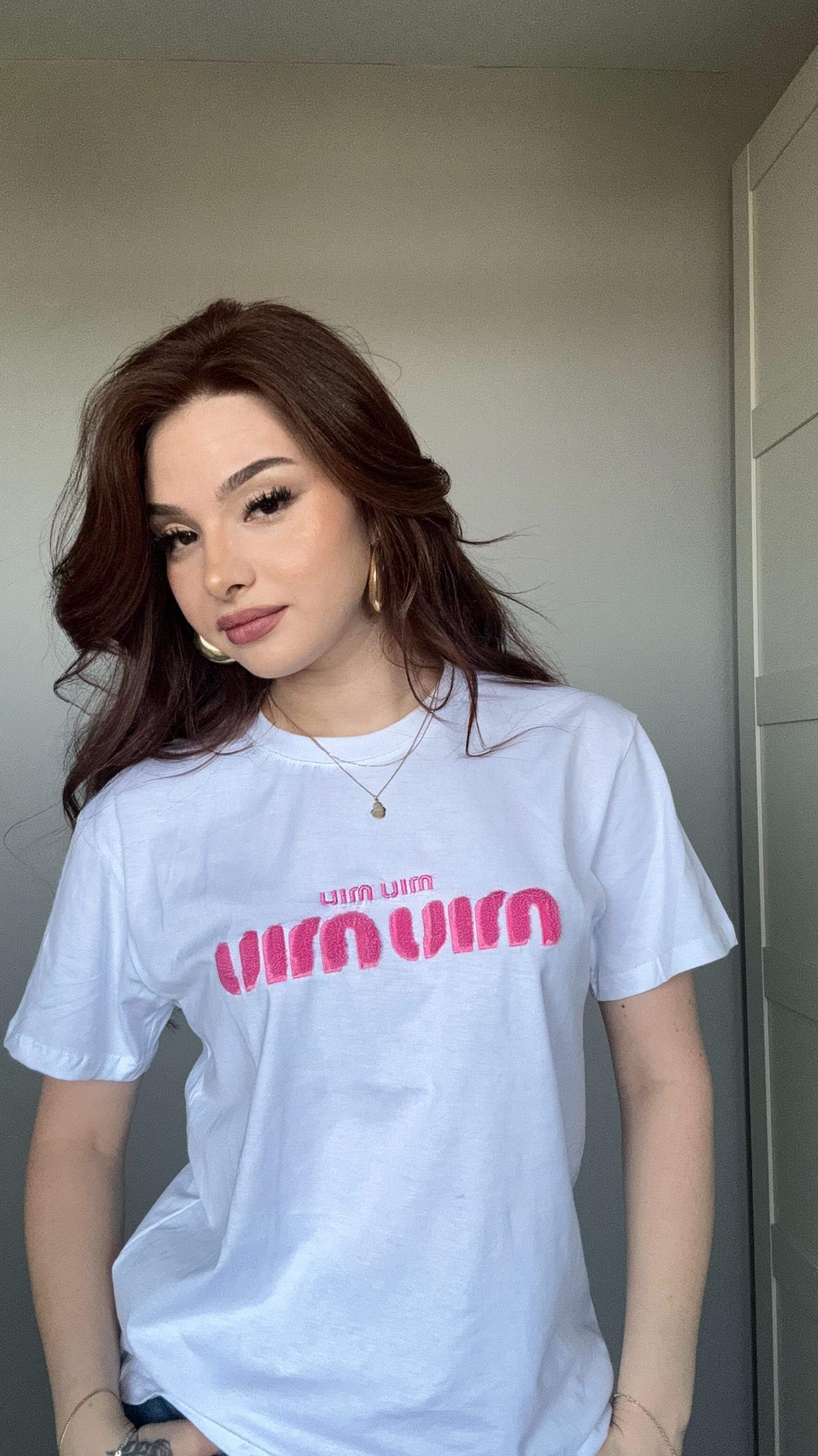Miu Miu Pembe Baskı Beyaz Tişört