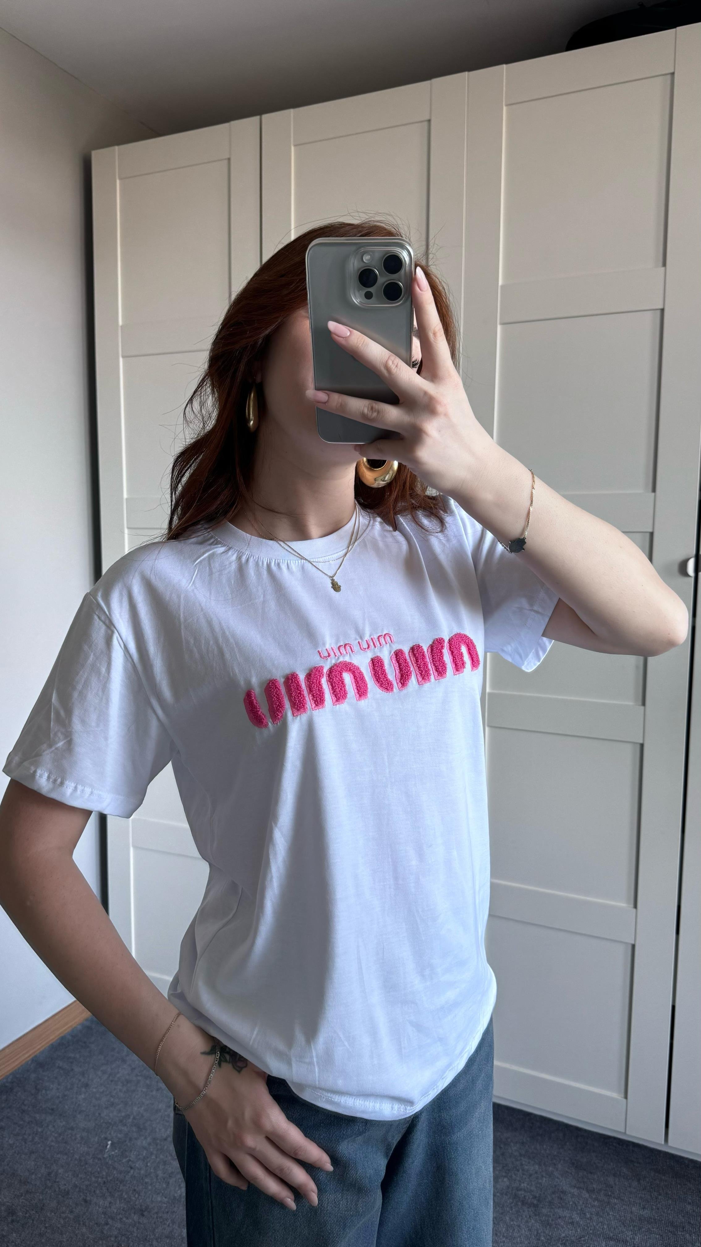 Miu Miu Pembe Baskı Beyaz Tişört