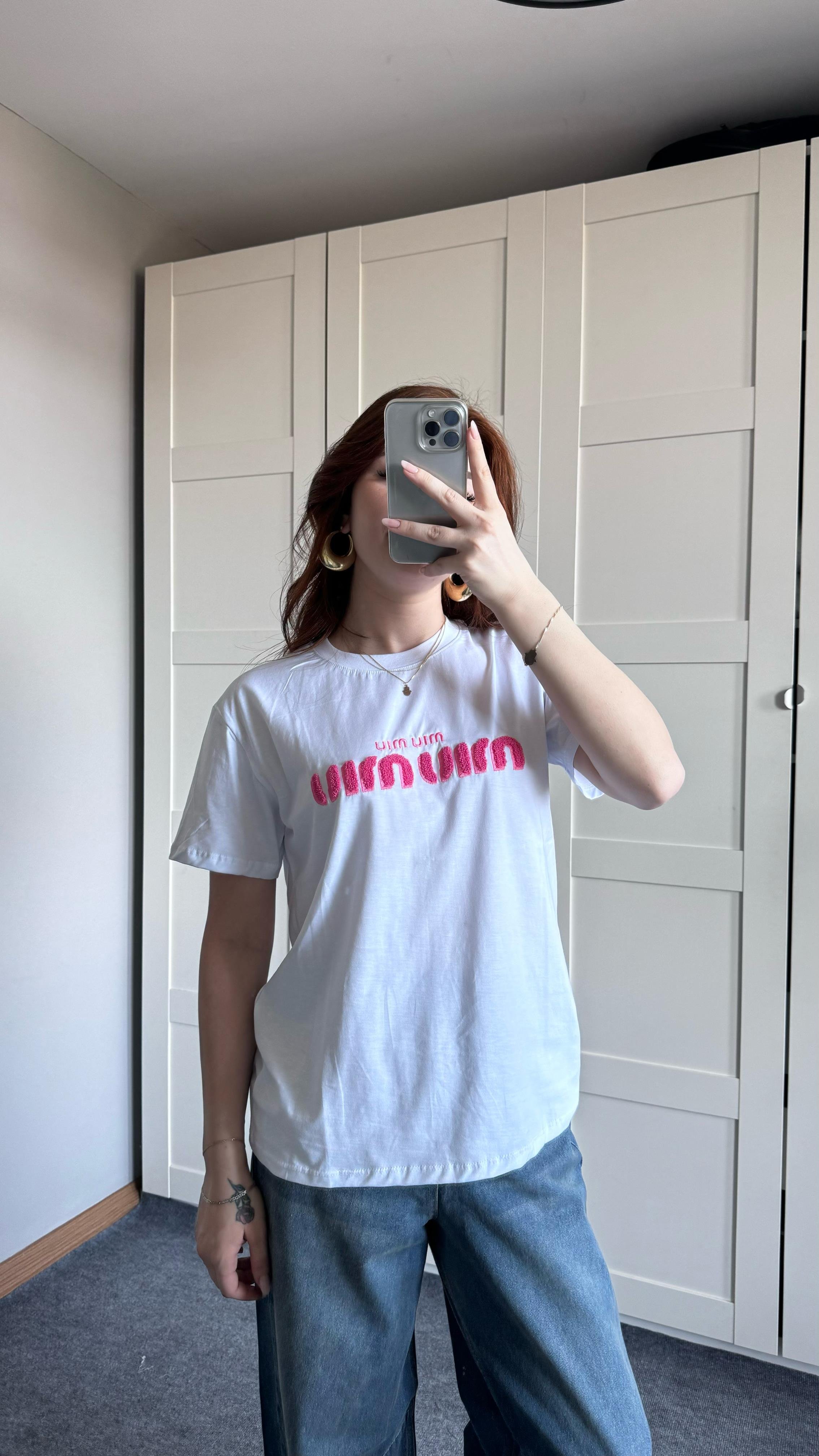 Miu Miu Pembe Baskı Beyaz Tişört