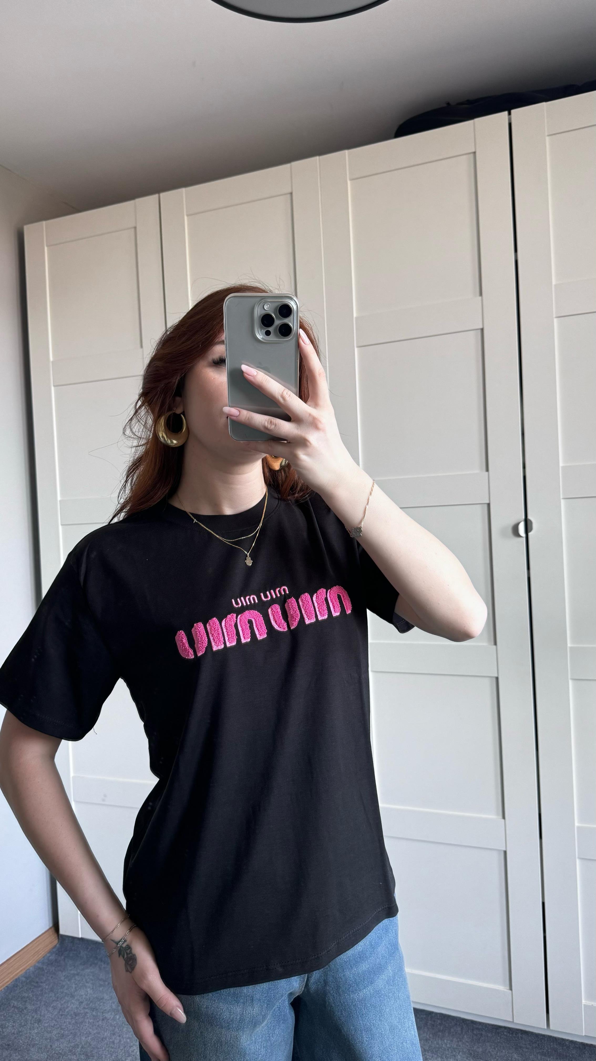 Miu Miu pembe Baskı Siyah Tişört