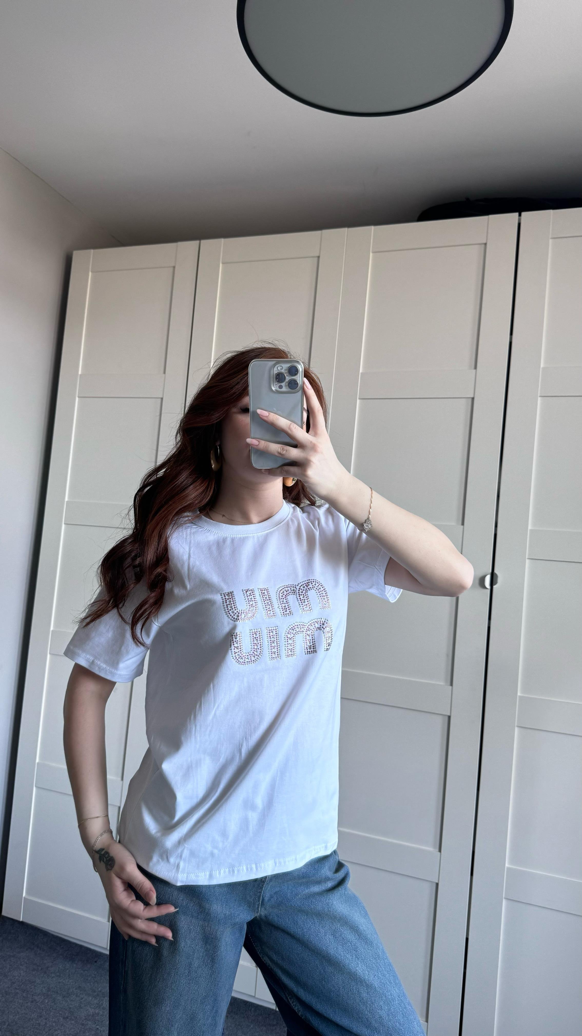 Miu Miu Pembe Taşlı Beyaz Tişört