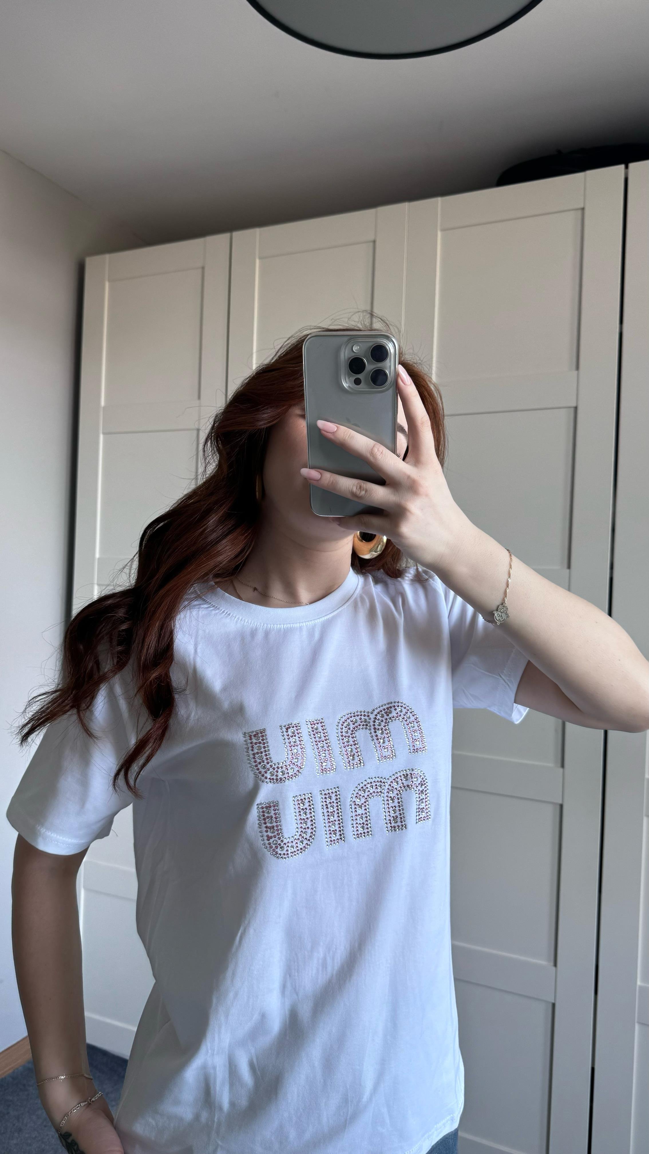 Miu Miu Pembe Taşlı Beyaz Tişört