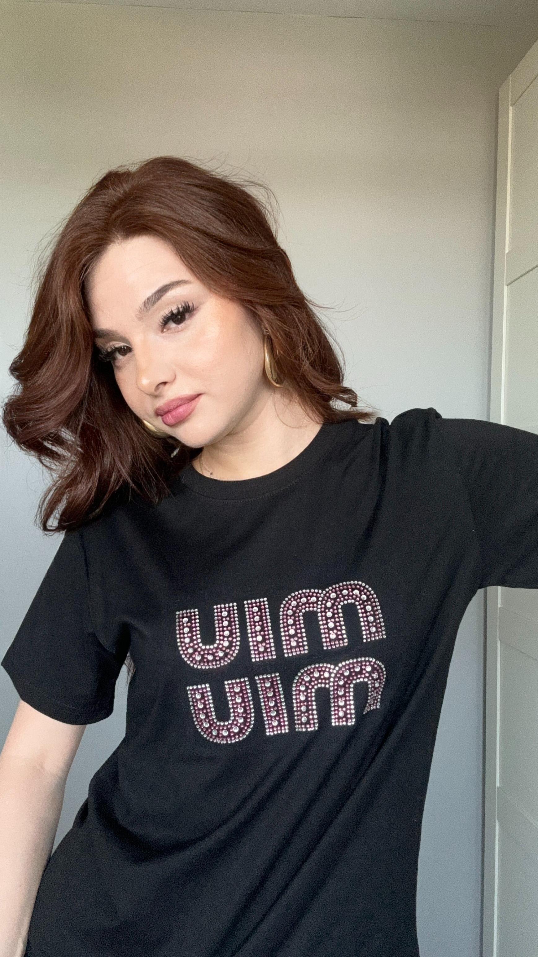 Miu Miu Pembe Taşlı Siyah Tişört