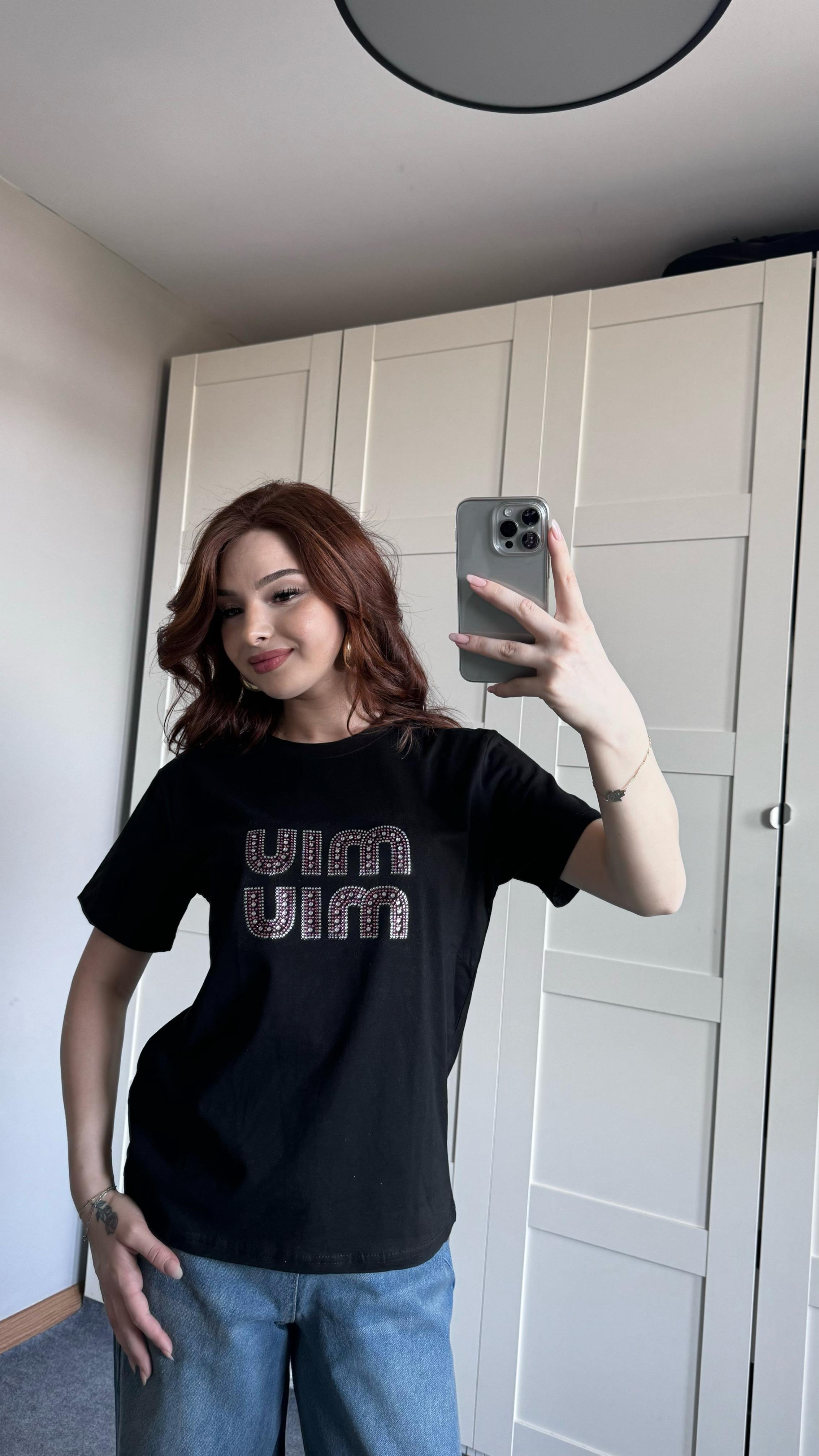 Miu Miu Pembe Taşlı Siyah Tişört