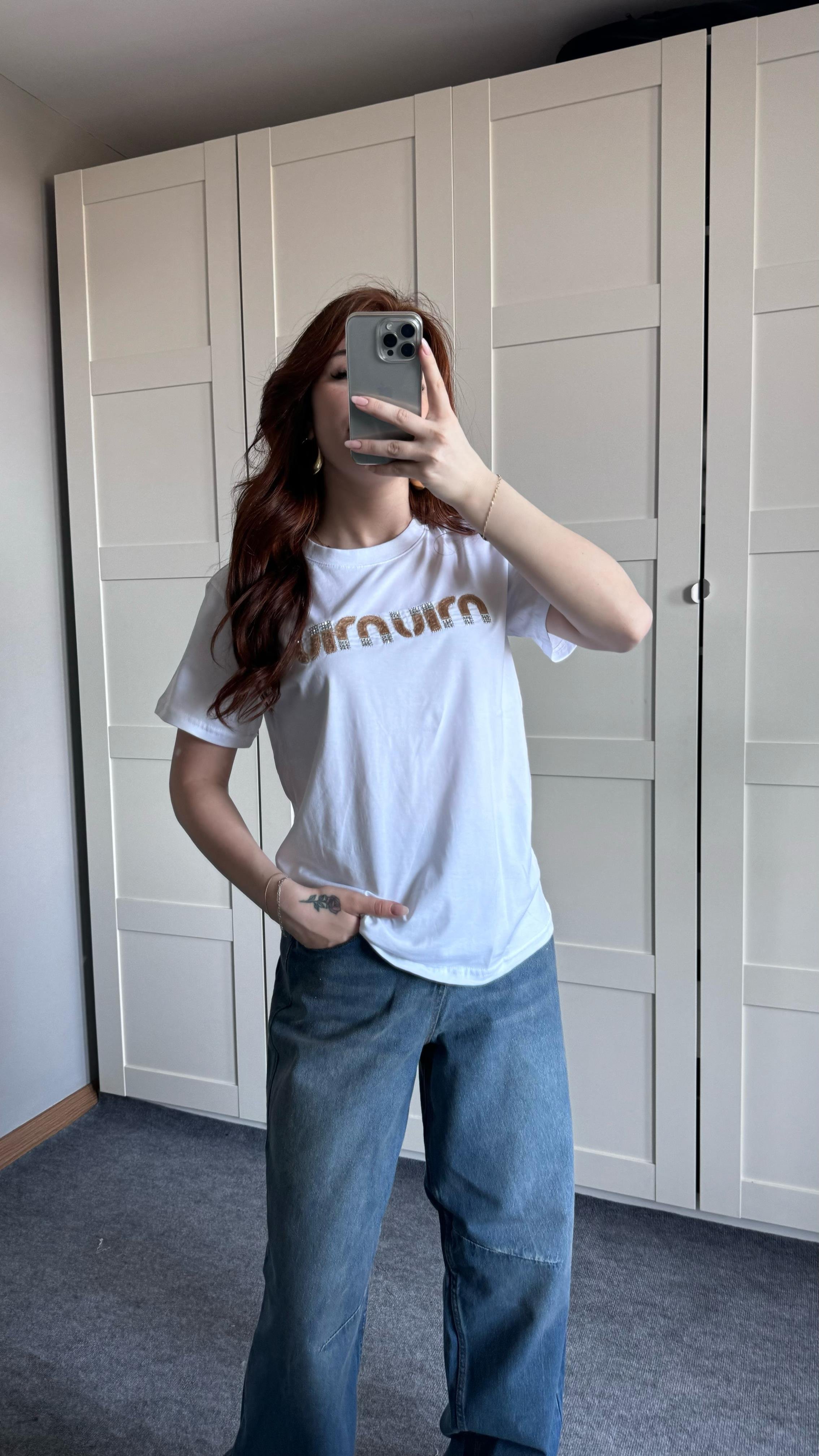 Miu Miu Taş Peluş Beyaz Tişört