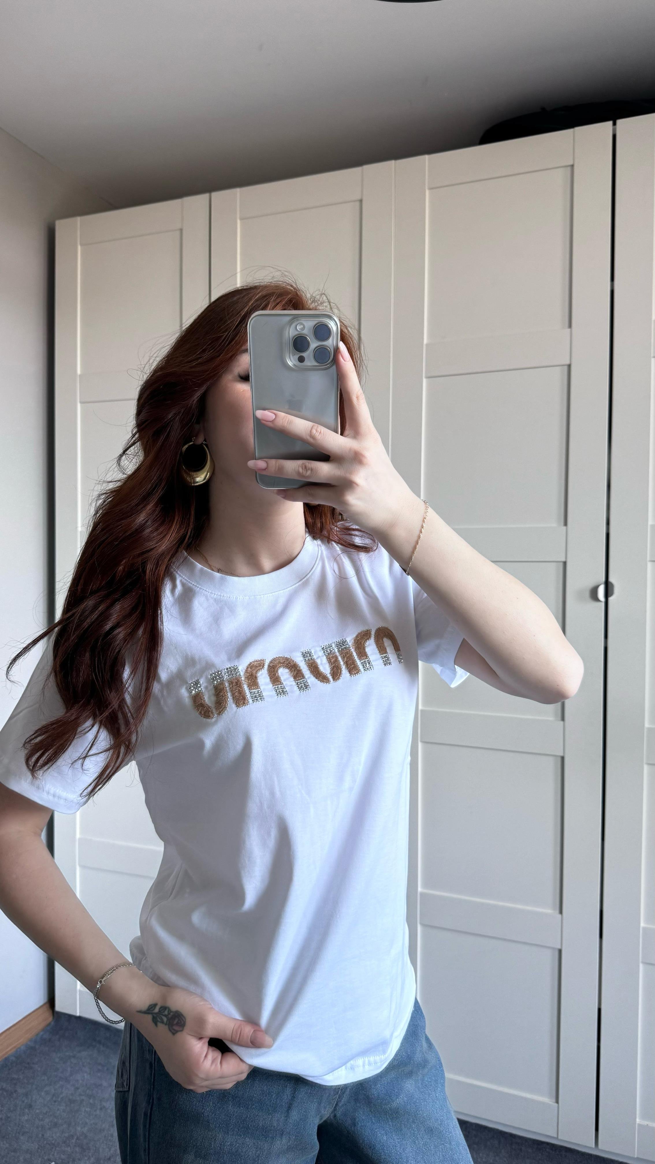 Miu Miu Taş Peluş Beyaz Tişört