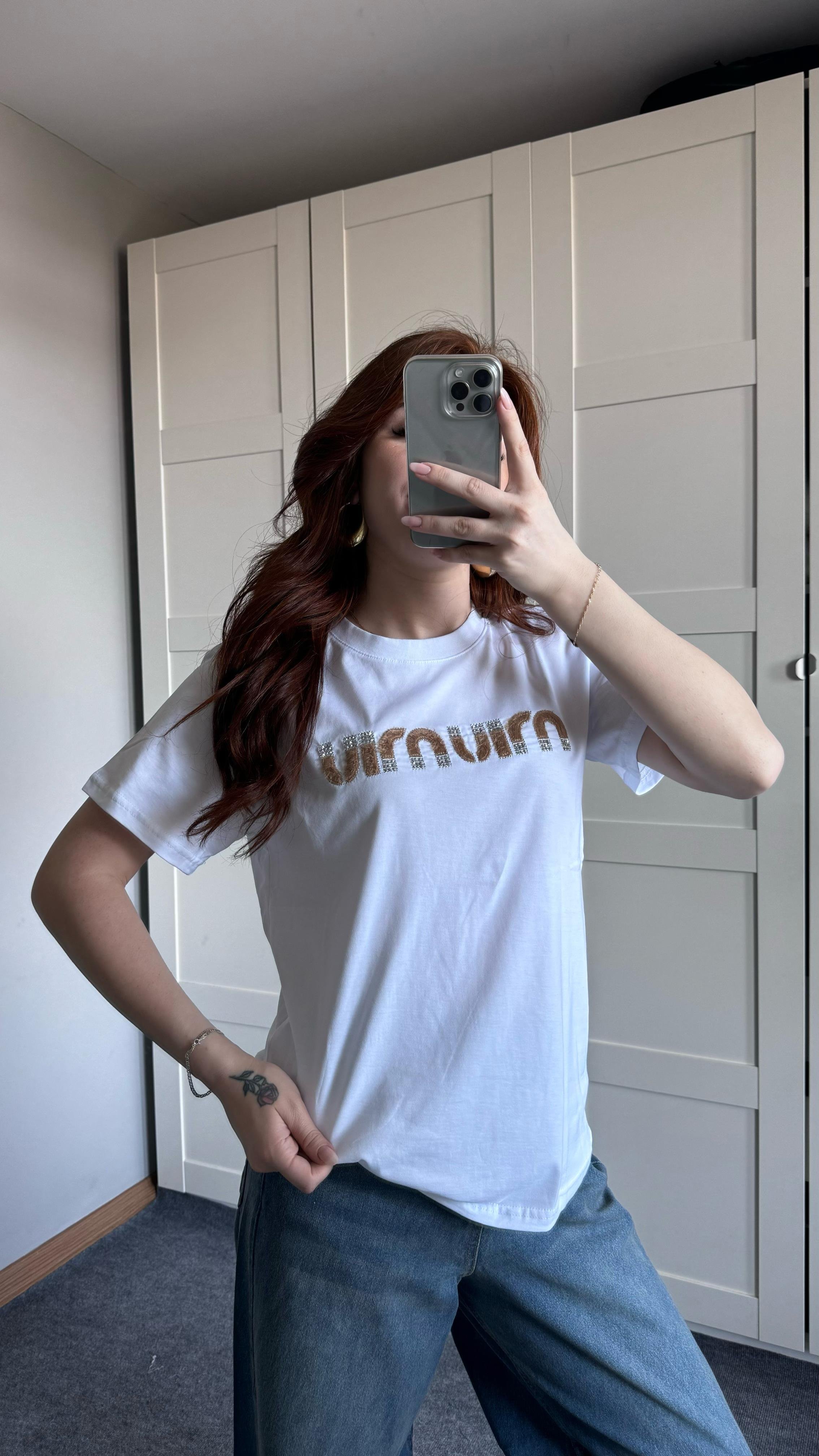 Miu Miu Taş Peluş Beyaz Tişört